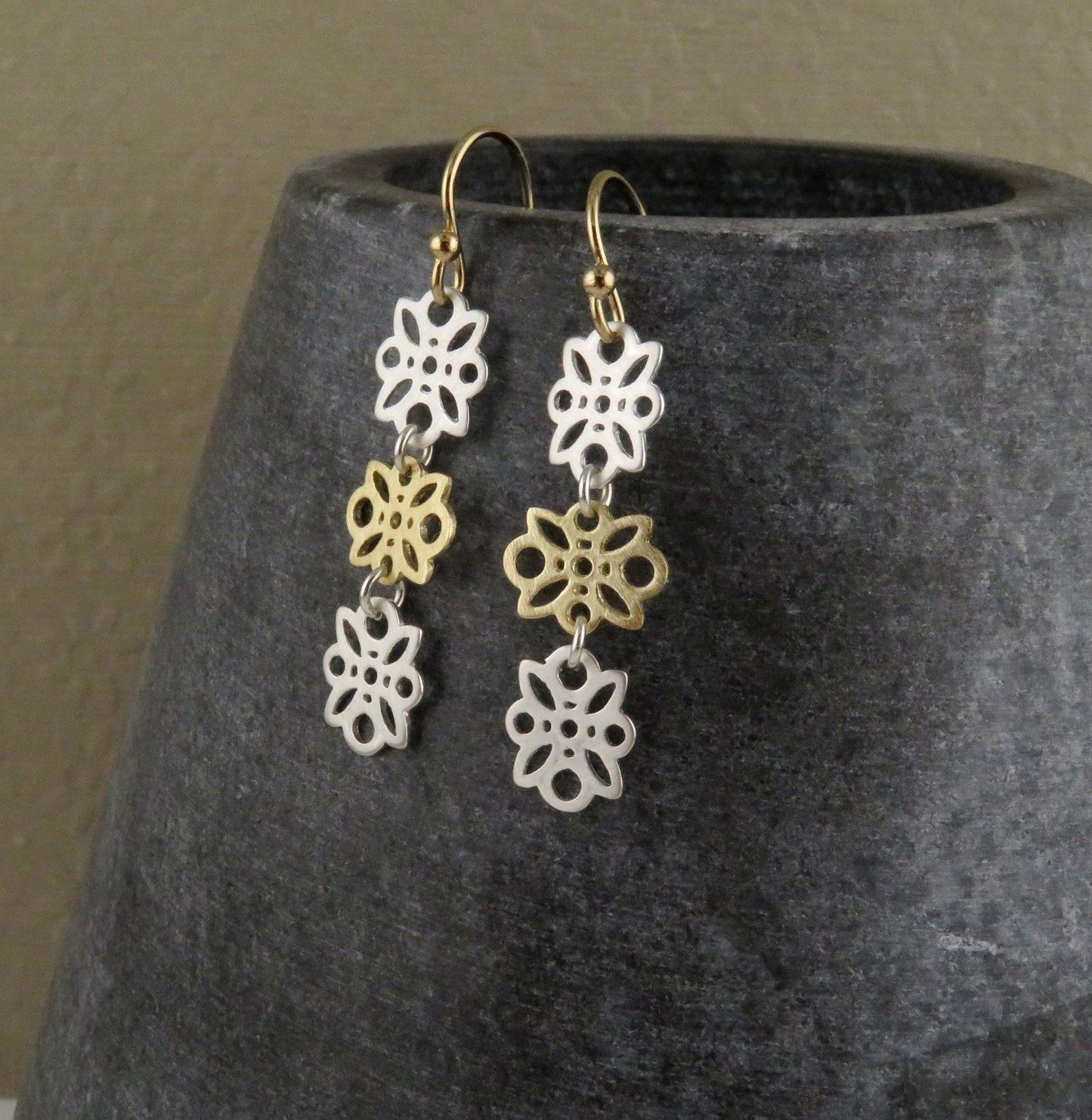 Mixed Metal Earrings | Silver Gold Flowers Earrings | Two Tone Flowers Earrings | Delicate Flowers Earrings | Three Flowers Earrings