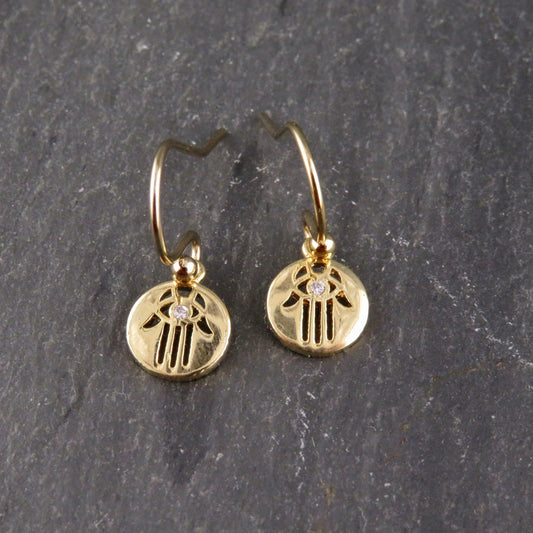 Gold Hamsa Earrings | Delicate Hamsa Hand Earrings | Gold Cut Out Hamsa Earrings | Minimal Hand Earrings | Dainty Gold CZ Hamsa Earrings