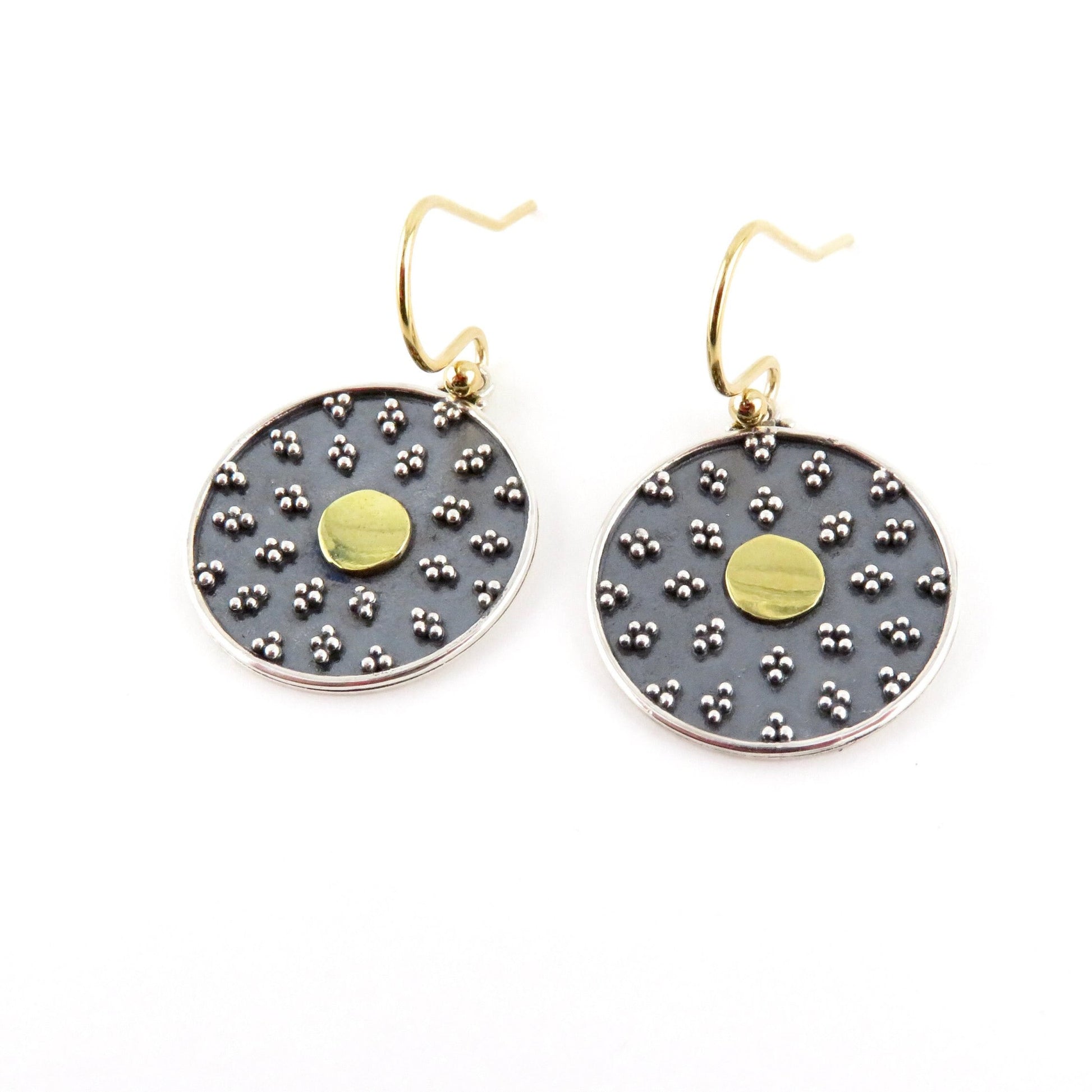 Black Gold Disc Earrings | Mixed Metal Earrings | Two Tone Mandala Earrings | Silver Gold Mandala Earrings | Granulated Circle Earrings