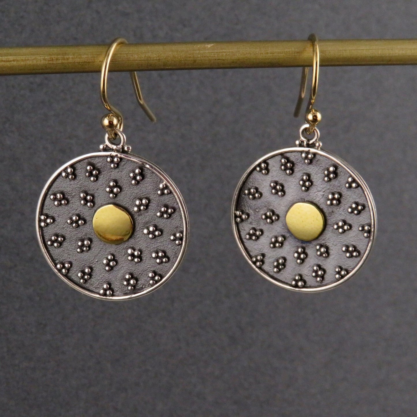 Black Gold Disc Earrings | Mixed Metal Earrings | Two Tone Mandala Earrings | Silver Gold Mandala Earrings | Granulated Circle Earrings