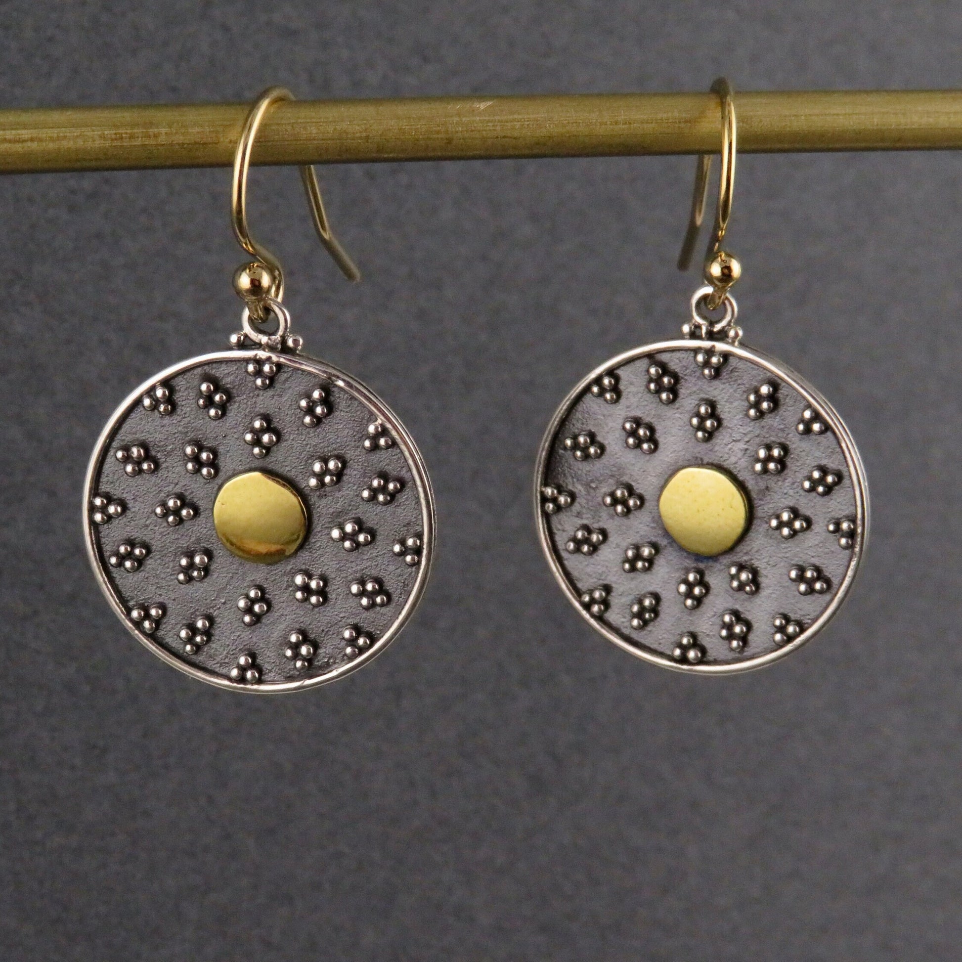 Black Gold Disc Earrings | Mixed Metal Earrings | Two Tone Mandala Earrings | Silver Gold Mandala Earrings | Granulated Circle Earrings