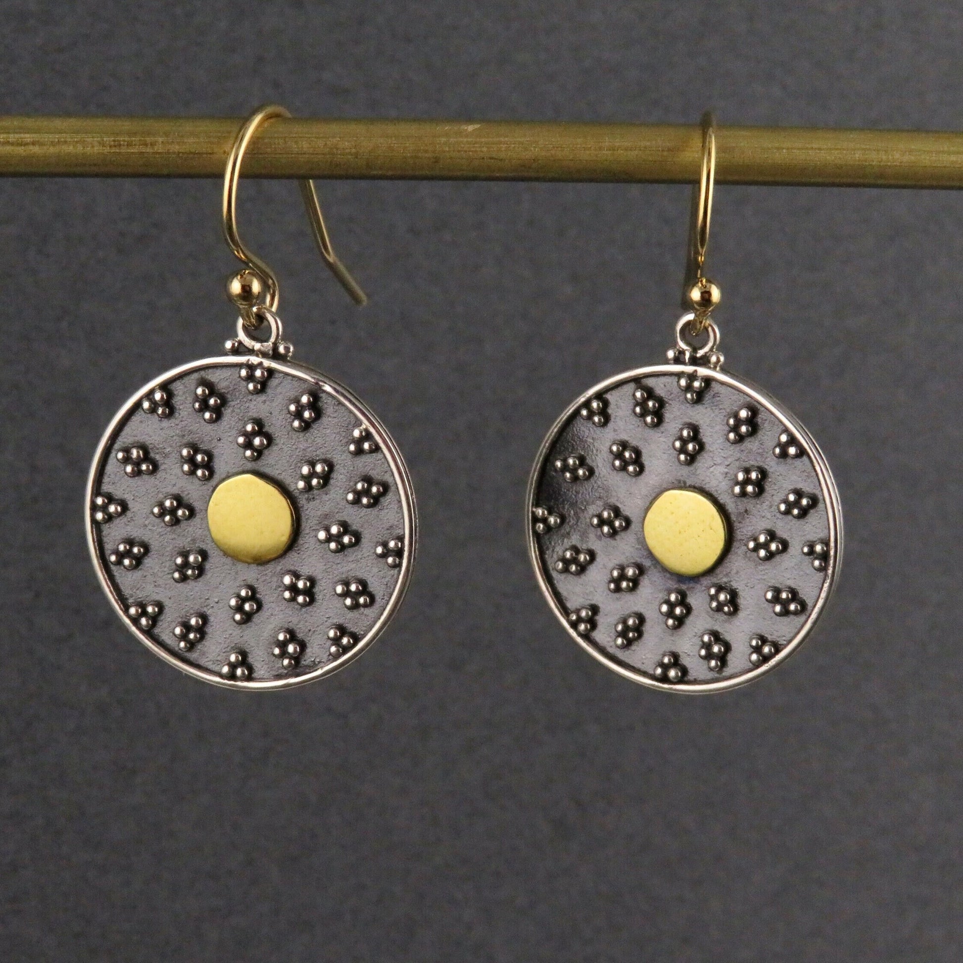 Black Gold Disc Earrings | Mixed Metal Earrings | Two Tone Mandala Earrings | Silver Gold Mandala Earrings | Granulated Circle Earrings