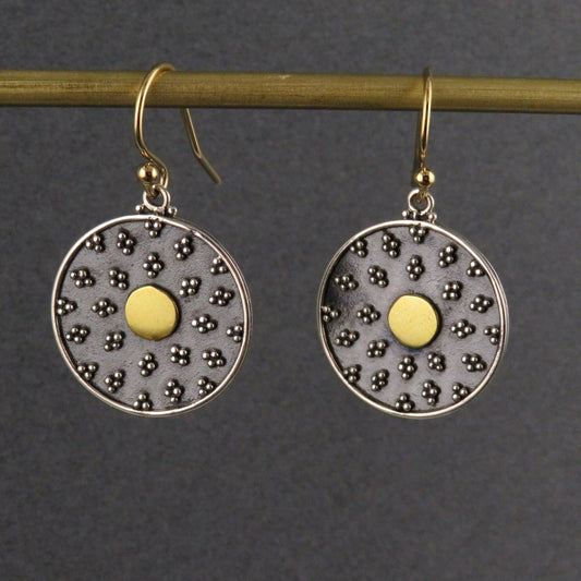 Black Gold Disc Earrings | Mixed Metal Earrings | Two Tone Mandala Earrings | Silver Gold Mandala Earrings | Granulated Circle Earrings