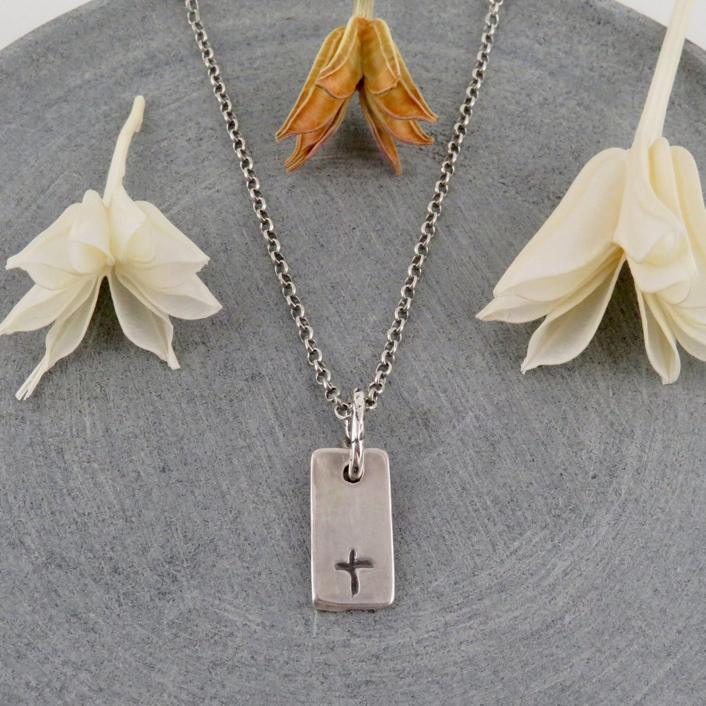 Etched Cross Rectangle Necklace Silver
