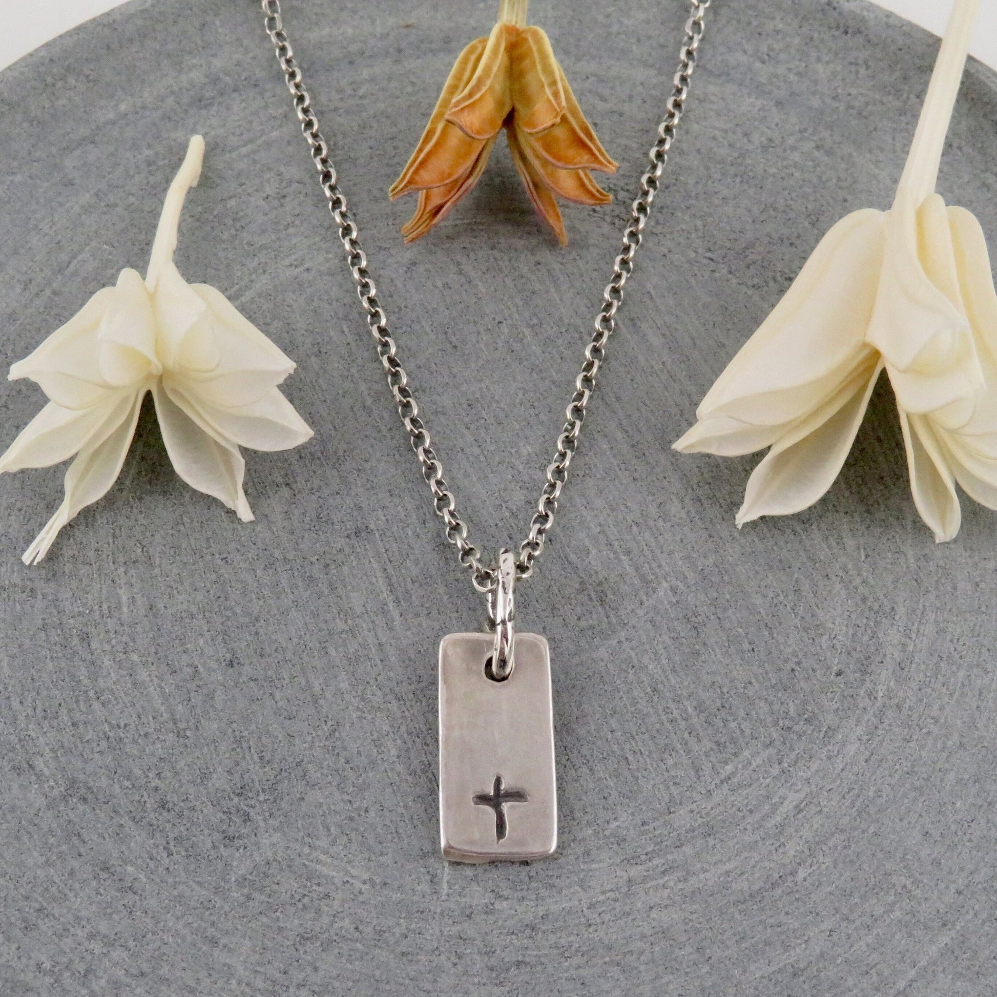 Etched Cross Rectangle Necklace Silver