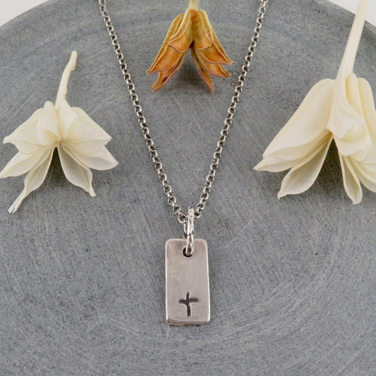 Etched Cross Rectangle Necklace Silver