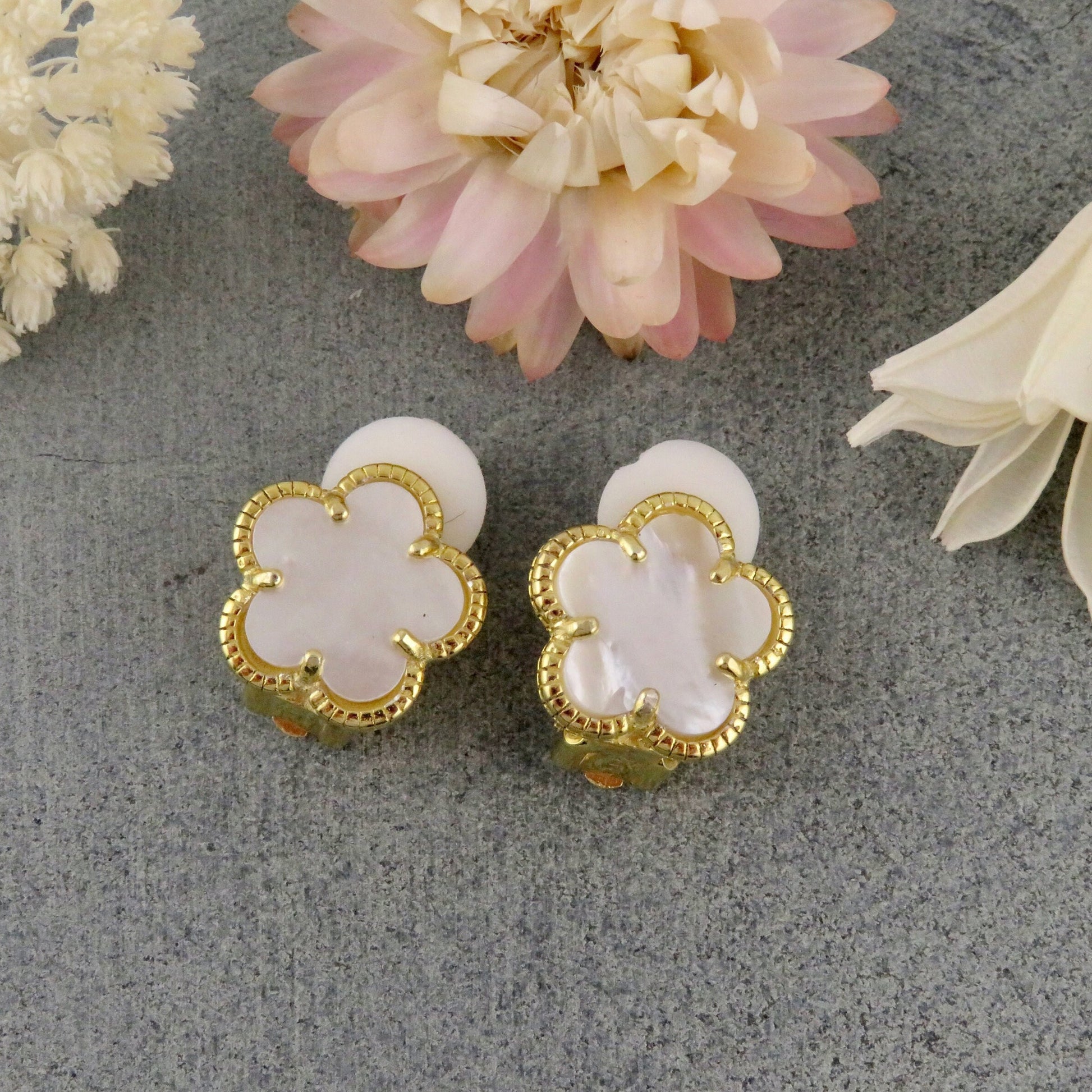 Gold Pearl Clip-on Earrings | Mother of Pearl Flower Clip-Ons | Gold Clip Earrings | Clip-on Gold Flower Earrings | Small Flower Clip-ons