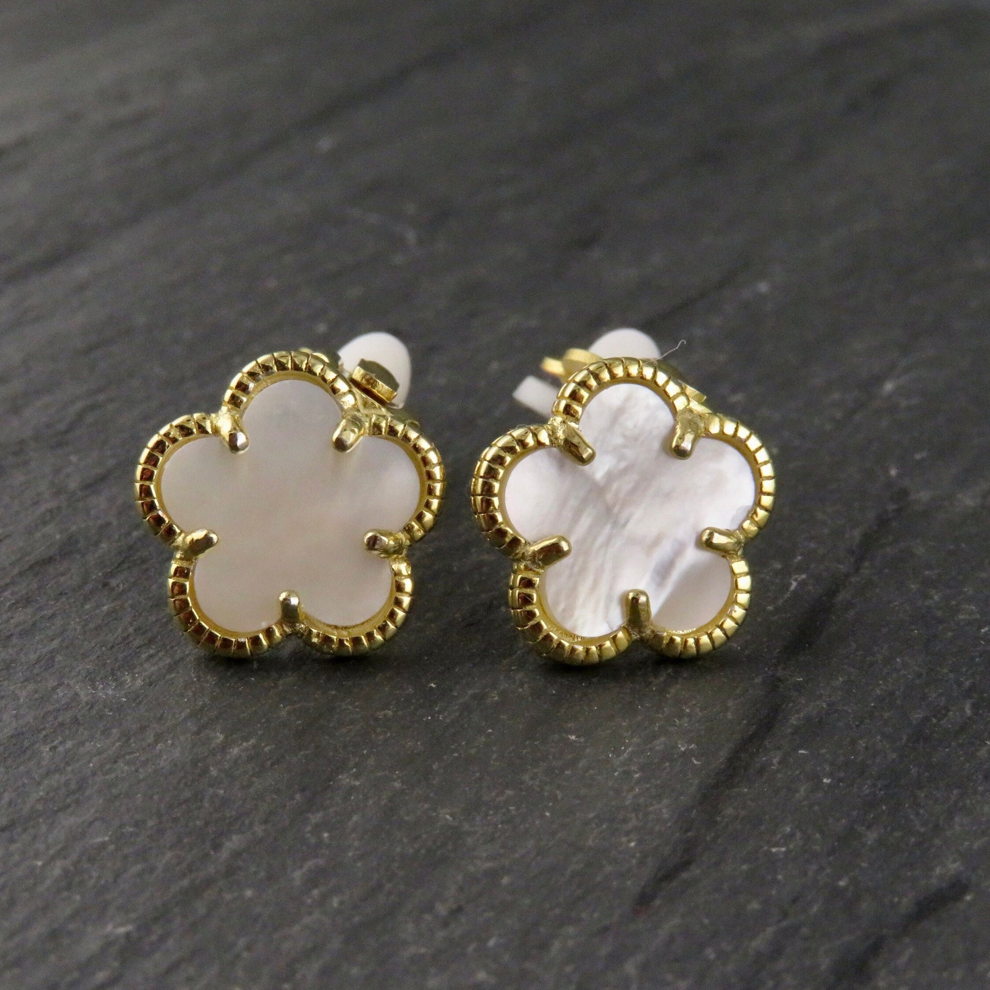 Gold Pearl Clip-on Earrings | Mother of Pearl Flower Clip-Ons | Gold Clip Earrings | Clip-on Gold Flower Earrings | Small Flower Clip-ons