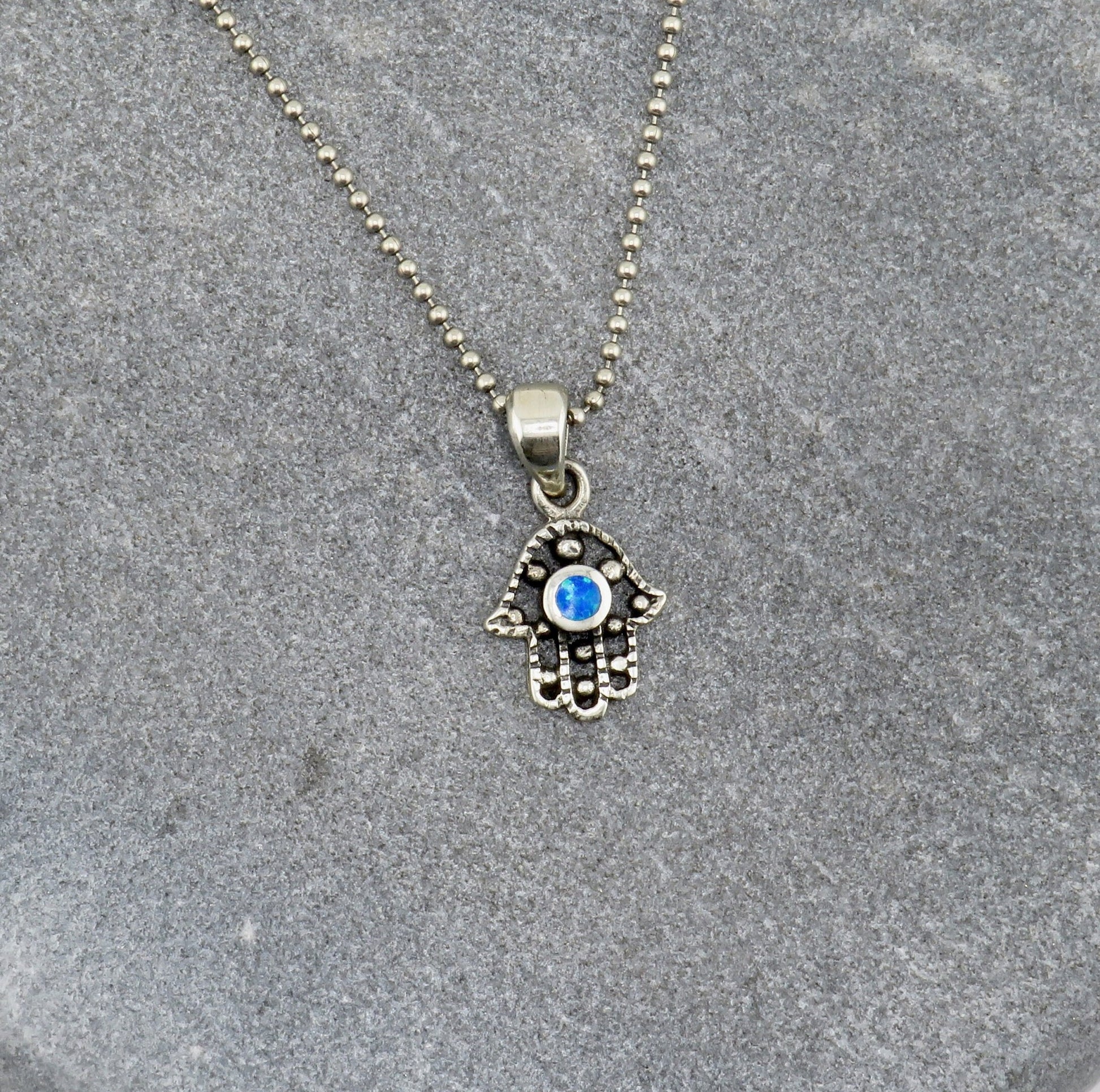 Sterling Hamsa Opal Necklace | Silver Hamsa Eye Pendant | Rustic Small Hand Necklace | Opal Silver Hamsa Pendant | Silver Evil Eye Necklace