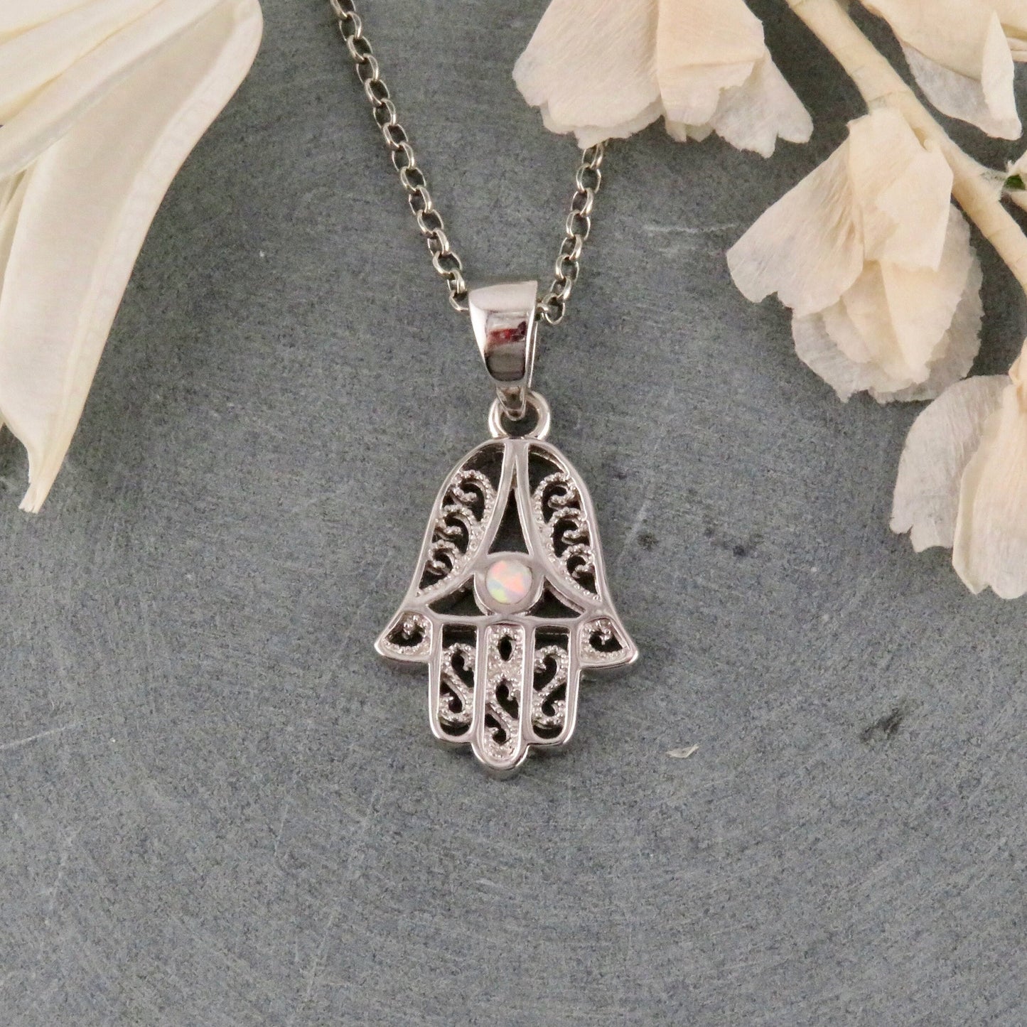 Scrollwork Hamsa w Opal Necklace