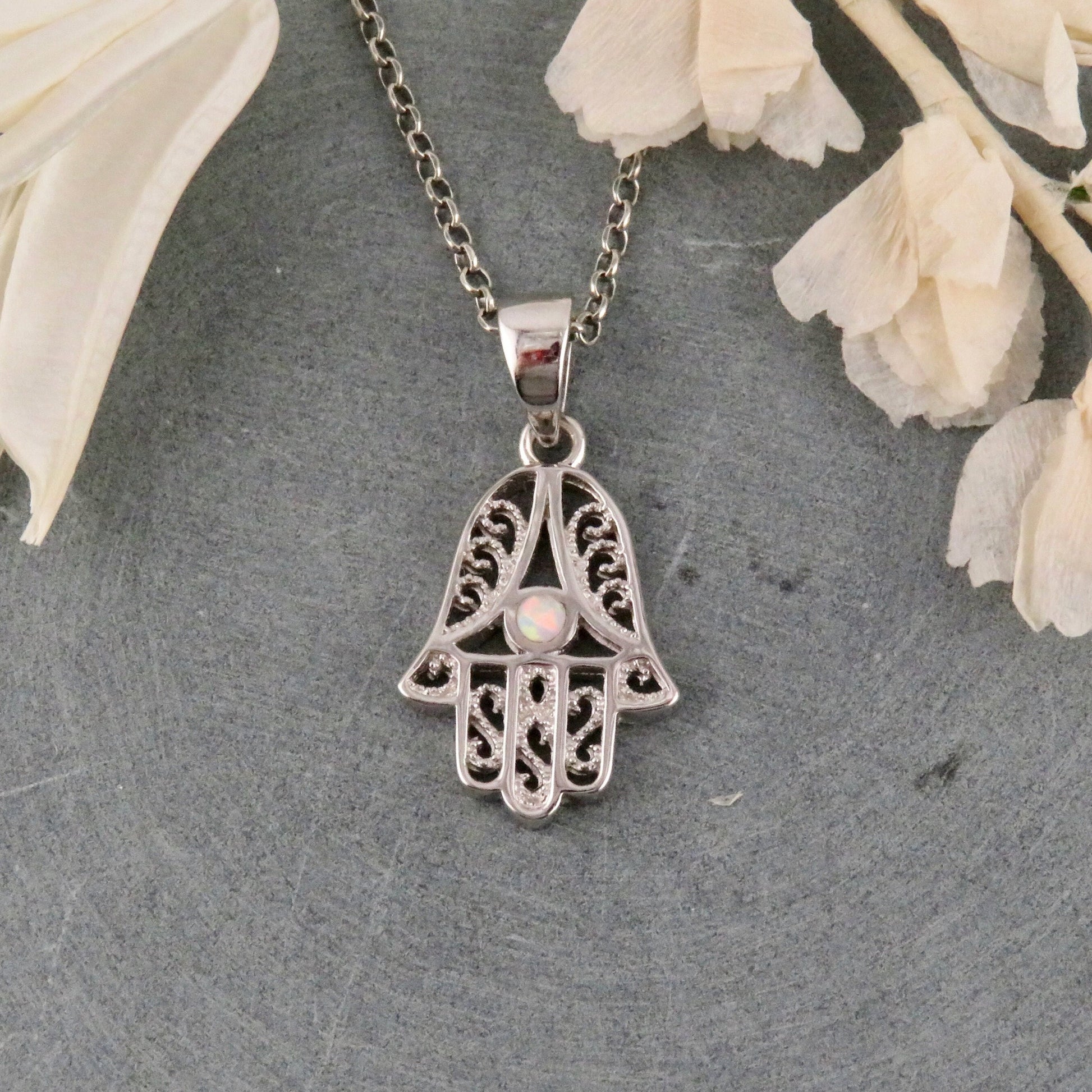Scrollwork Hamsa w Opal Necklace