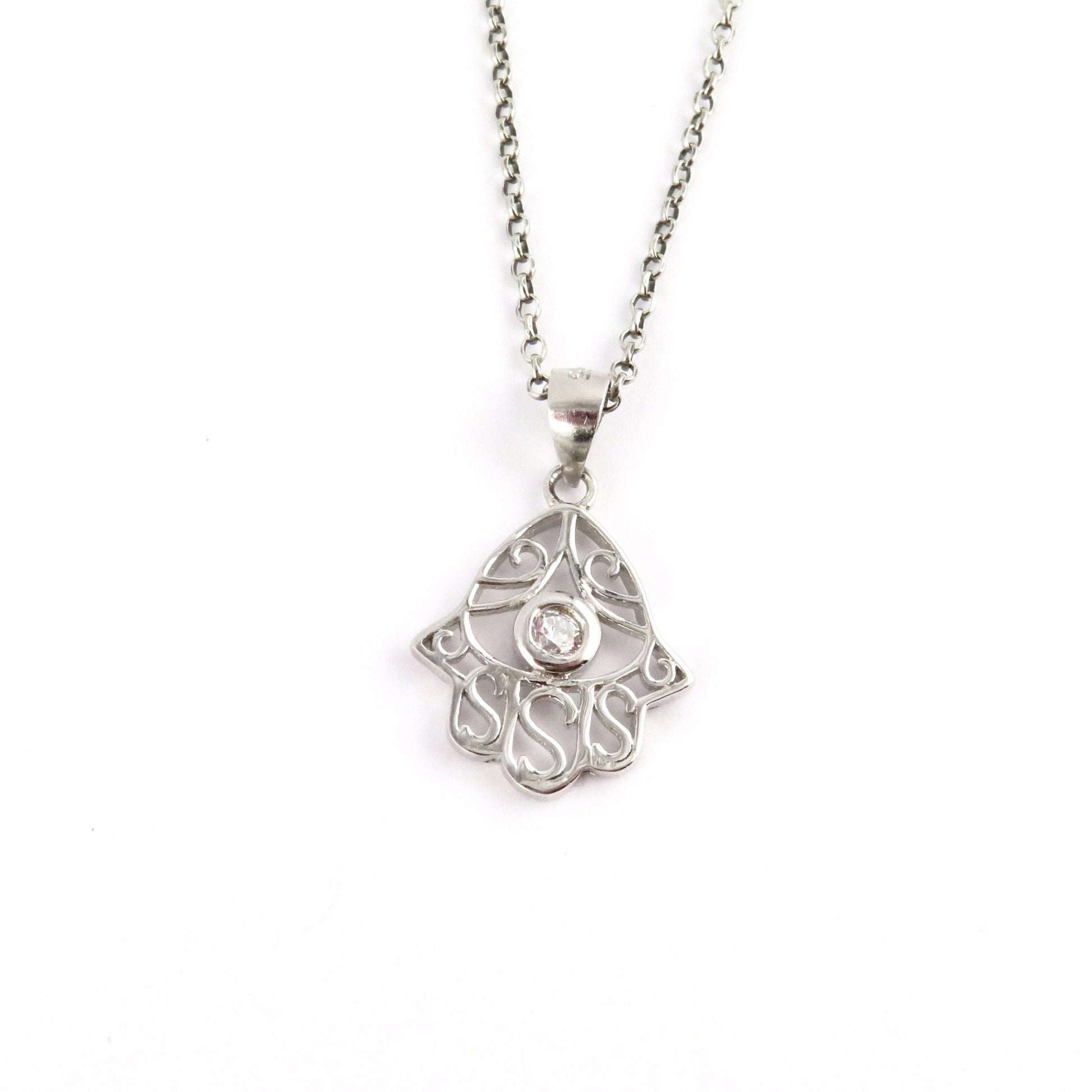 Cutout Hamsa w CZ Necklace