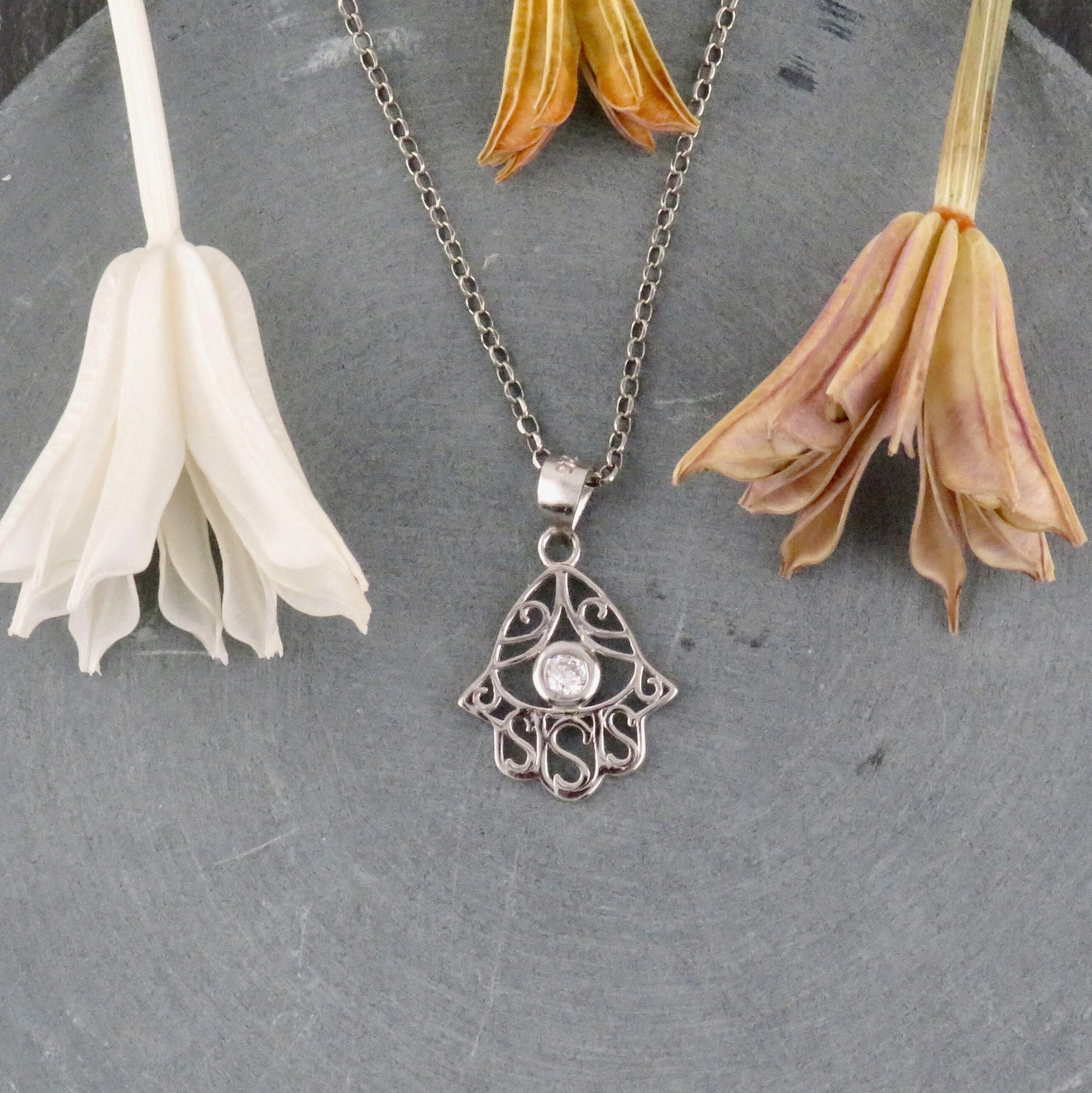 Cutout Hamsa w CZ Necklace