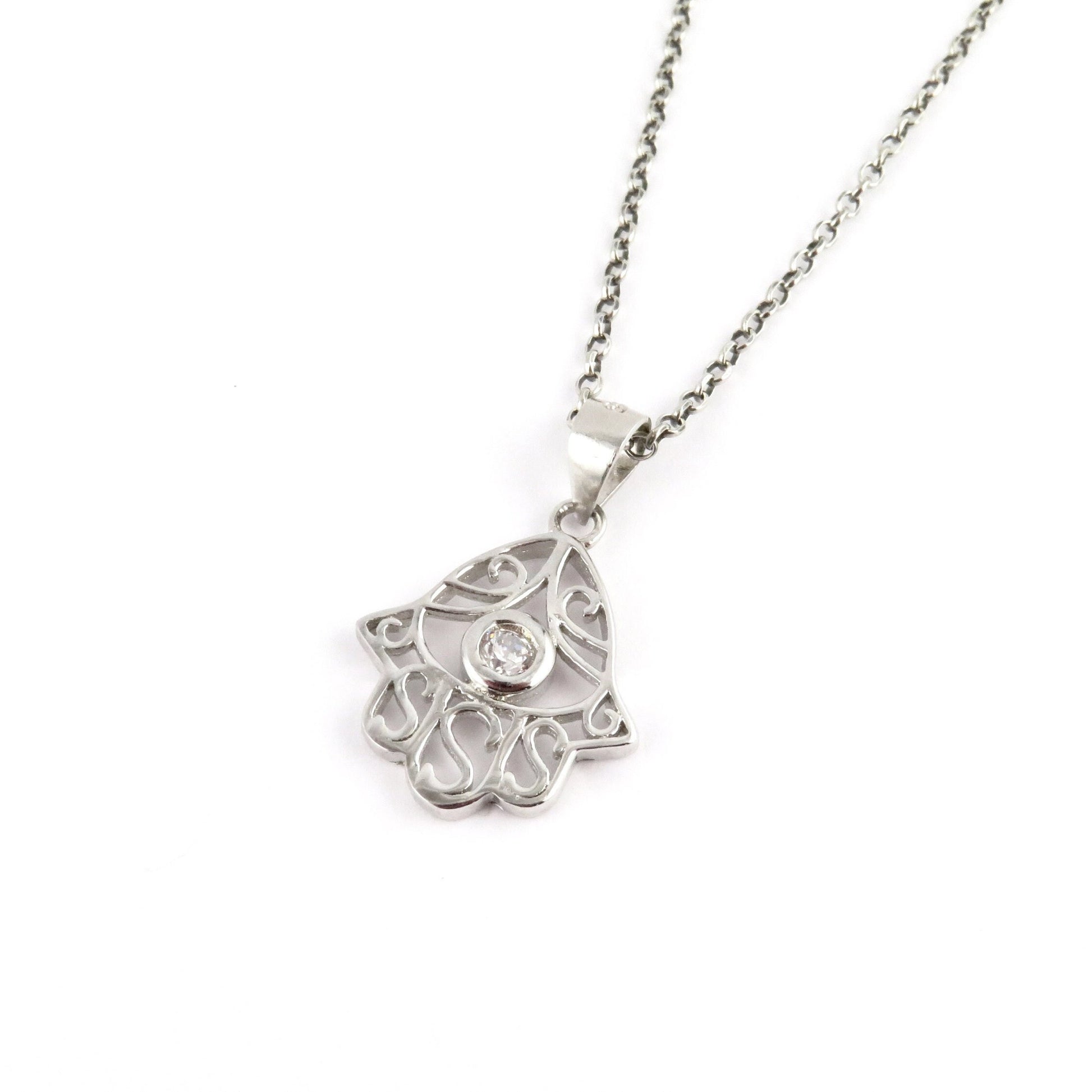 Cutout Hamsa w CZ Necklace