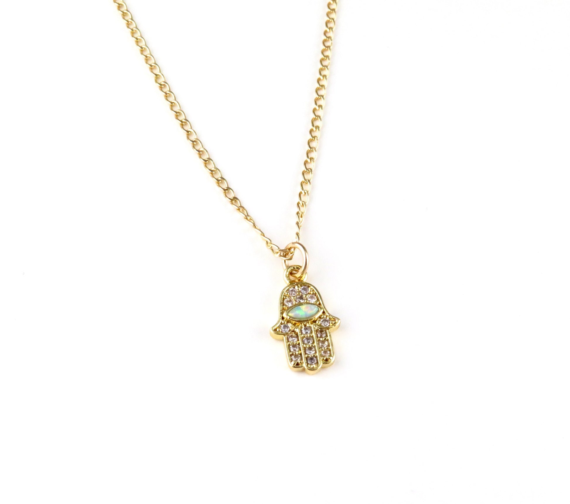 Gold Hamsa Necklace | Opal CZ Hamsa Necklace | Delicate Hamsa Hand Necklace | Gold Sparkly Hamsa Pendant | Minimal Hand of God Necklace