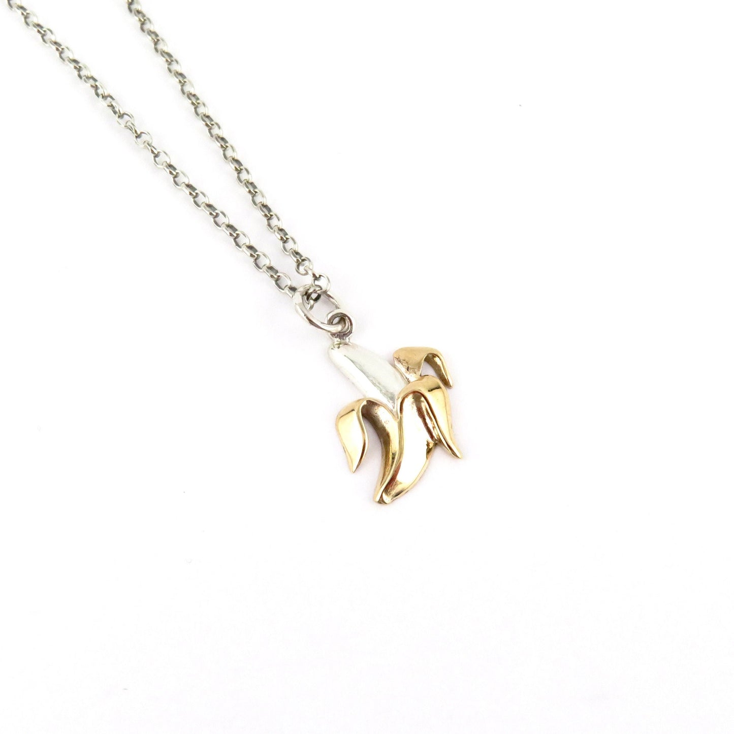 Banana Necklace | Sterling Gold Banana Pendant | Mixed Metal Banana Necklace | Banana Lover Gift | Banana Charm Necklace | Two Tone Banana