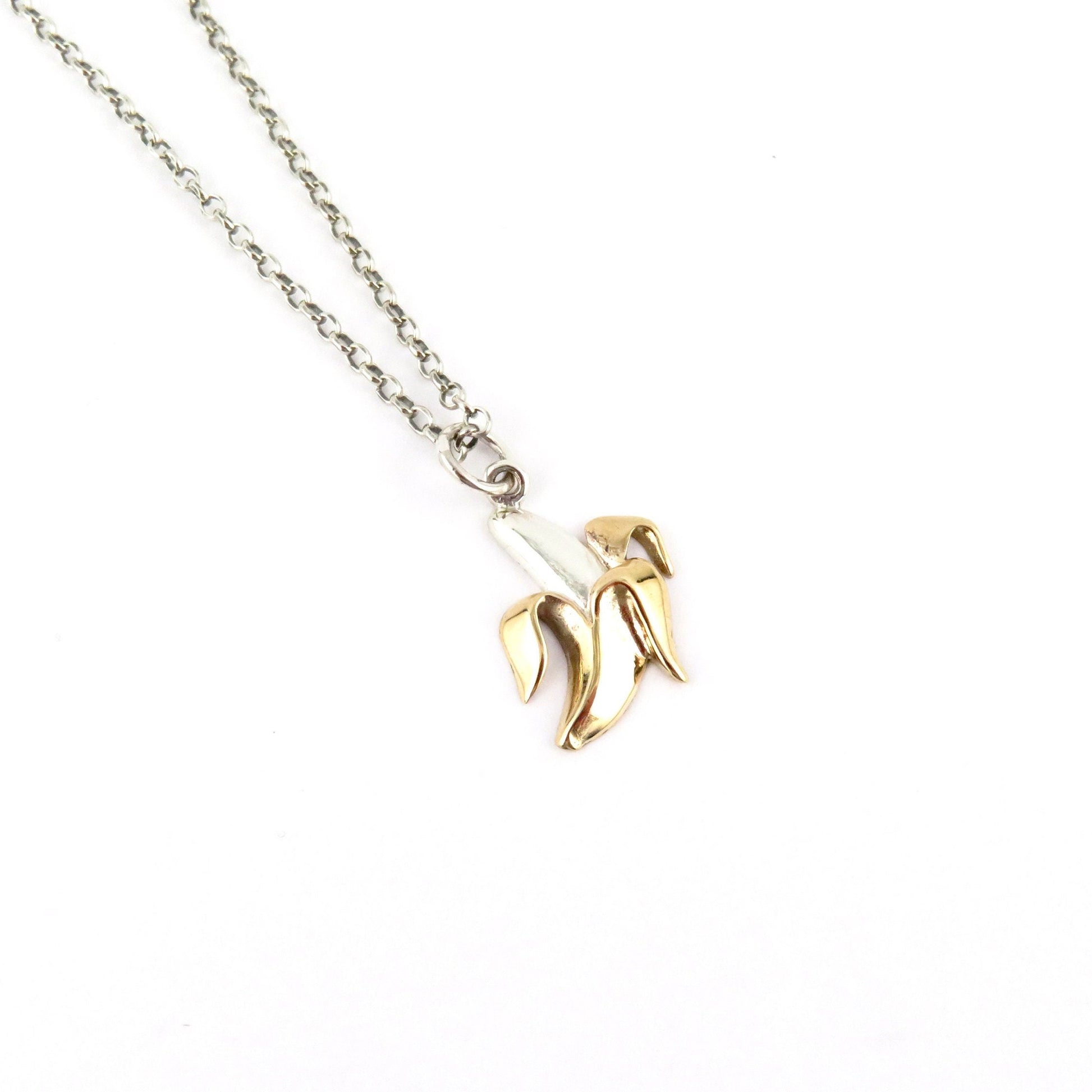 Banana Necklace | Sterling Gold Banana Pendant | Mixed Metal Banana Necklace | Banana Lover Gift | Banana Charm Necklace | Two Tone Banana
