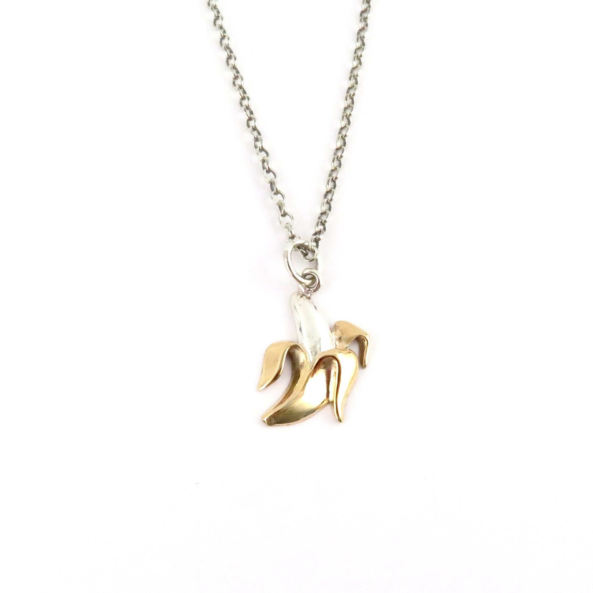 Banana Necklace | Sterling Gold Banana Pendant | Mixed Metal Banana Necklace | Banana Lover Gift | Banana Charm Necklace | Two Tone Banana