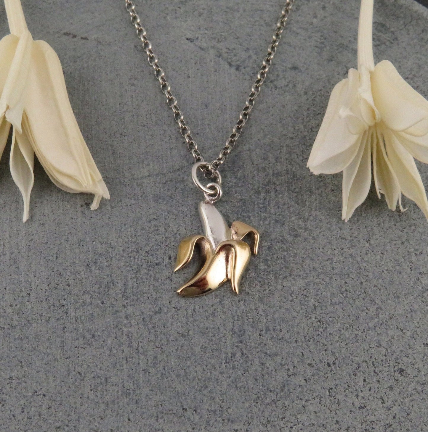 Banana Necklace | Sterling Gold Banana Pendant | Mixed Metal Banana Necklace | Banana Lover Gift | Banana Charm Necklace | Two Tone Banana