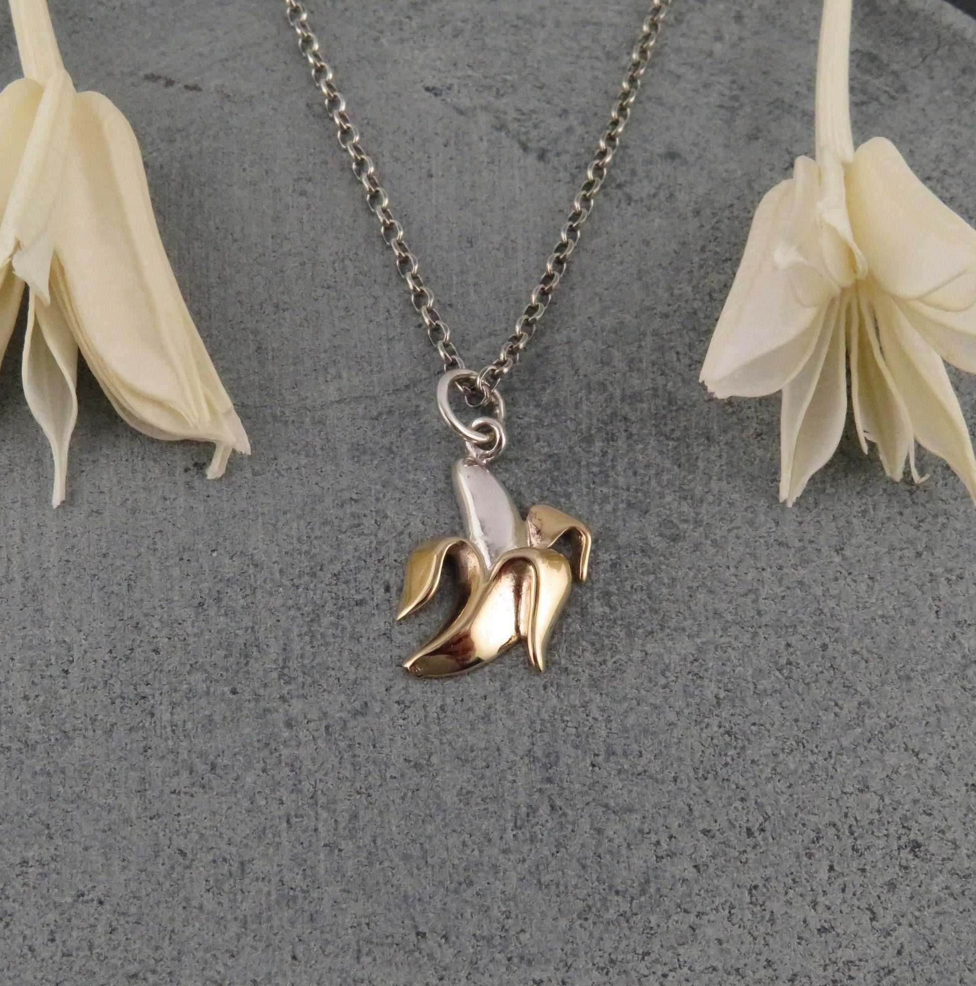 Banana Necklace | Sterling Gold Banana Pendant | Mixed Metal Banana Necklace | Banana Lover Gift | Banana Charm Necklace | Two Tone Banana