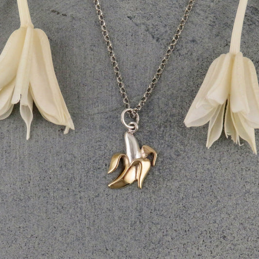 Banana Necklace | Sterling Gold Banana Pendant | Mixed Metal Banana Necklace | Banana Lover Gift | Banana Charm Necklace | Two Tone Banana
