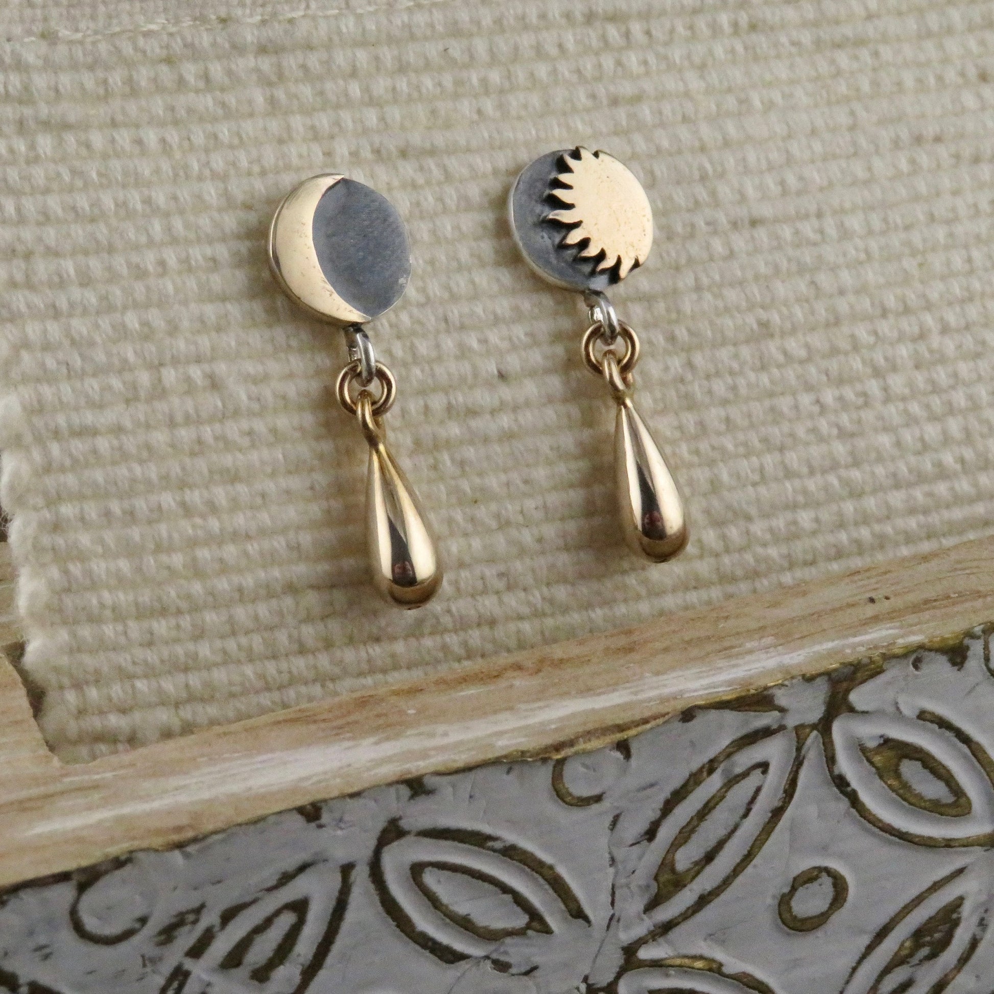 Mismatched Earrings | Mixed Metal Celestial Earrings | Two Tone Moon Sun Posts | Silver Gold Post Earrings | Sterling Moon Sun Post Earrings