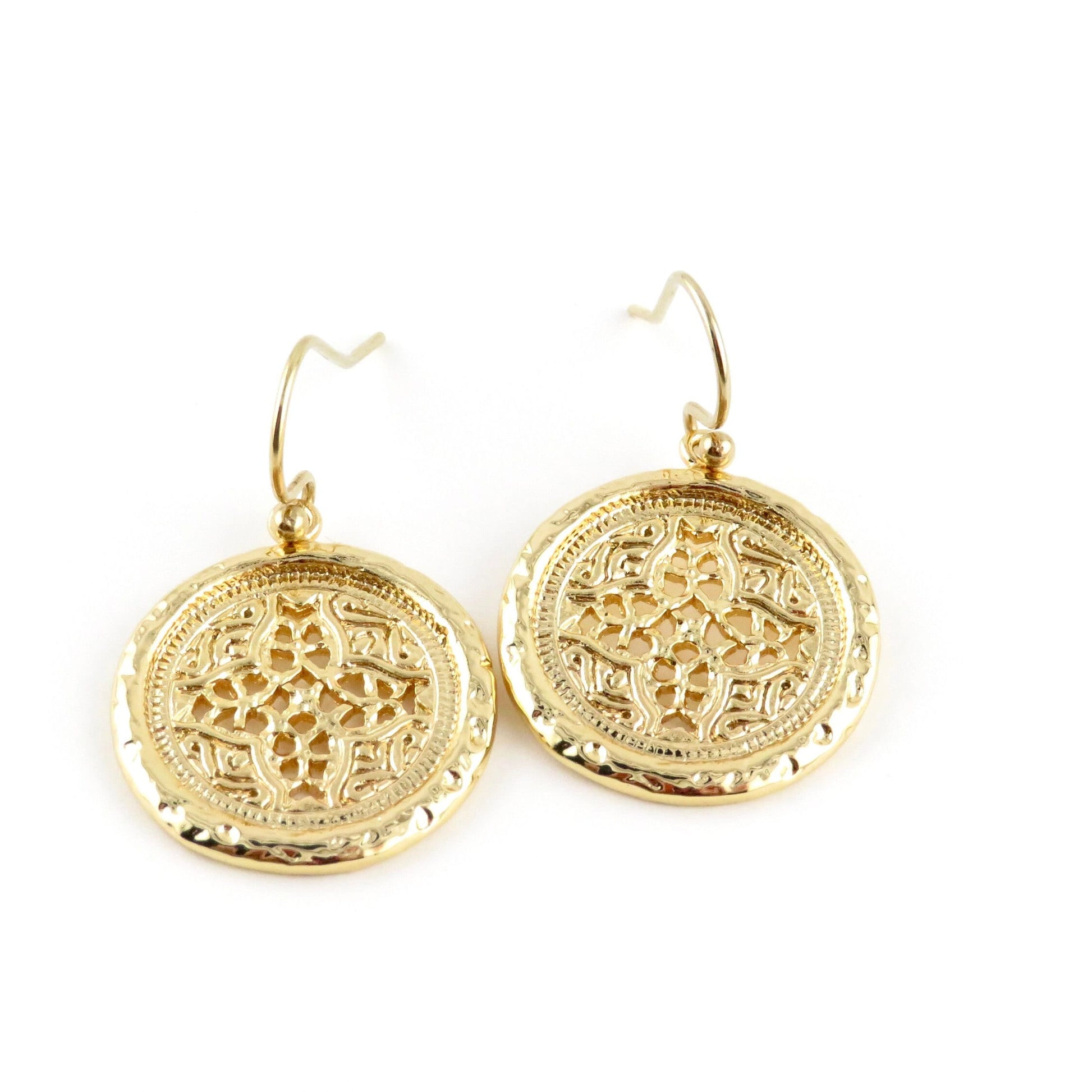 Gold Geometric Earrings | Hammered Gold Earrings | Gold Intricate Earrings | Shiny Gold Earrings | Gold Disc Earrings | Unique Gold Earrings