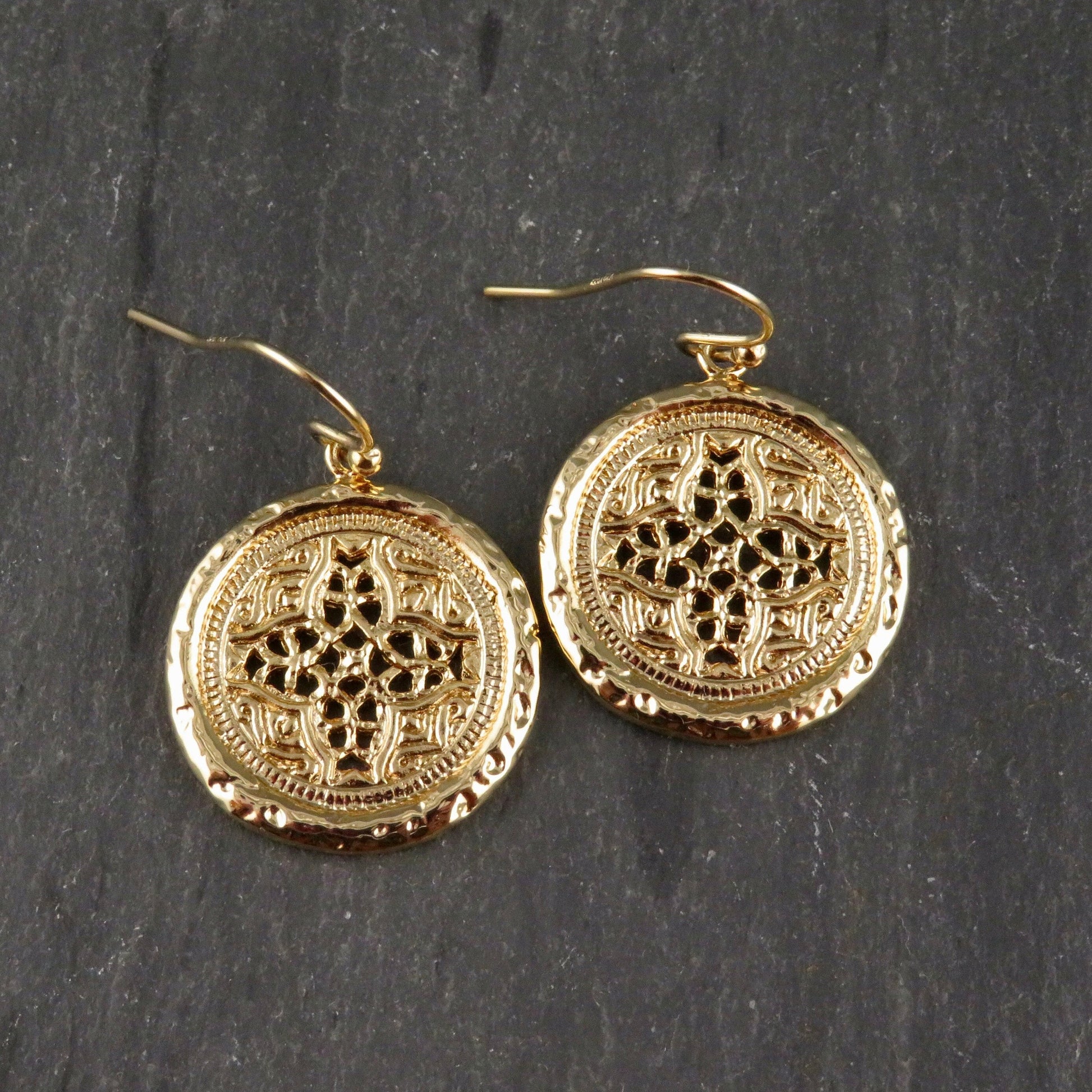 Gold Geometric Earrings | Hammered Gold Earrings | Gold Intricate Earrings | Shiny Gold Earrings | Gold Disc Earrings | Unique Gold Earrings