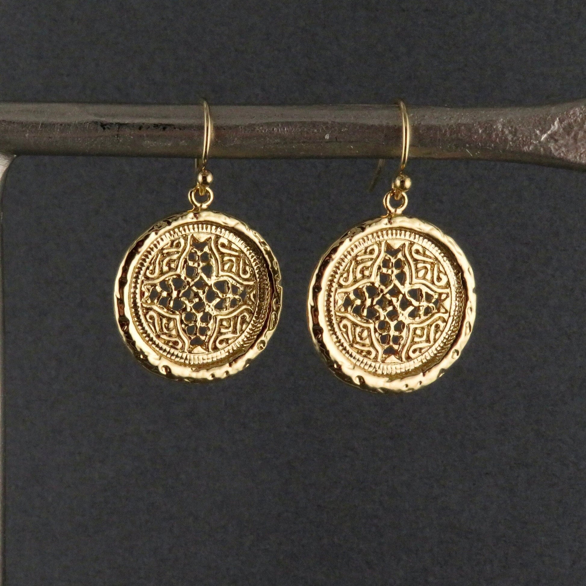 Gold Geometric Earrings | Hammered Gold Earrings | Gold Intricate Earrings | Shiny Gold Earrings | Gold Disc Earrings | Unique Gold Earrings