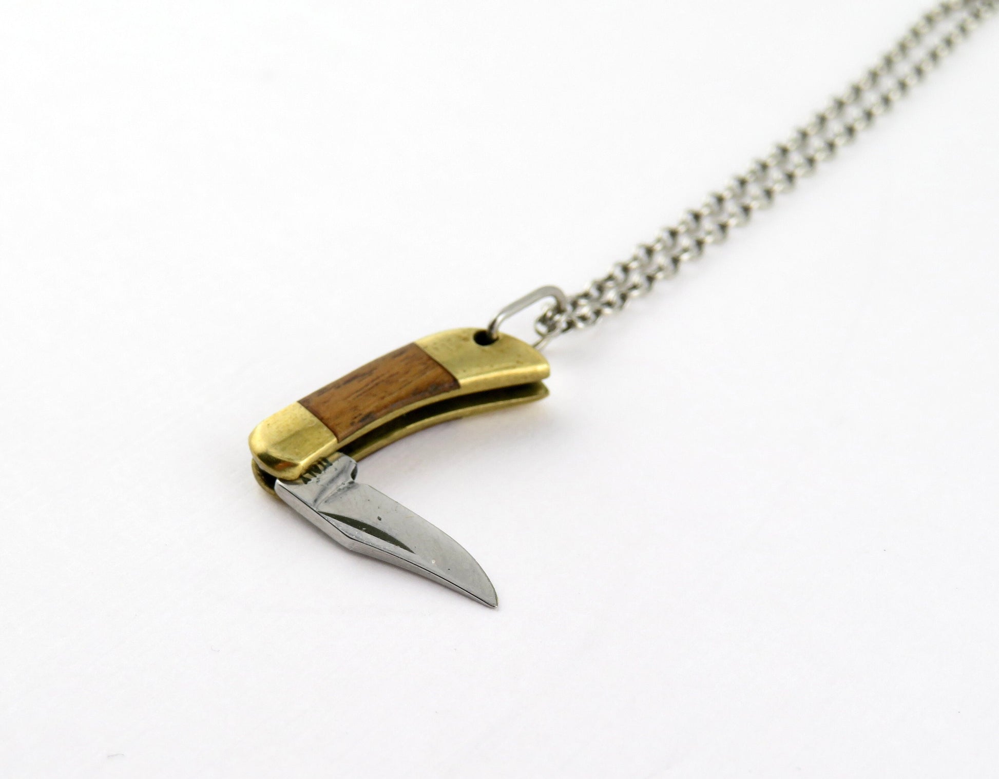 Tiny knife Necklace | Mini Knife Pendant | Small Gold Knife Necklace | Mini Pocketknife Pendant | Brass Walnut Wood Knife Necklace
