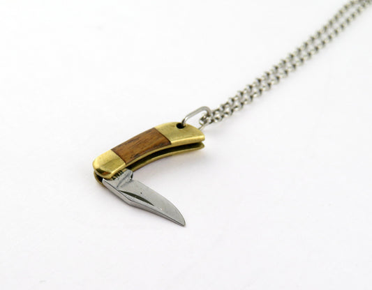 Tiny knife Necklace | Mini Knife Pendant | Small Gold Knife Necklace | Mini Pocketknife Pendant | Brass Walnut Wood Knife Necklace