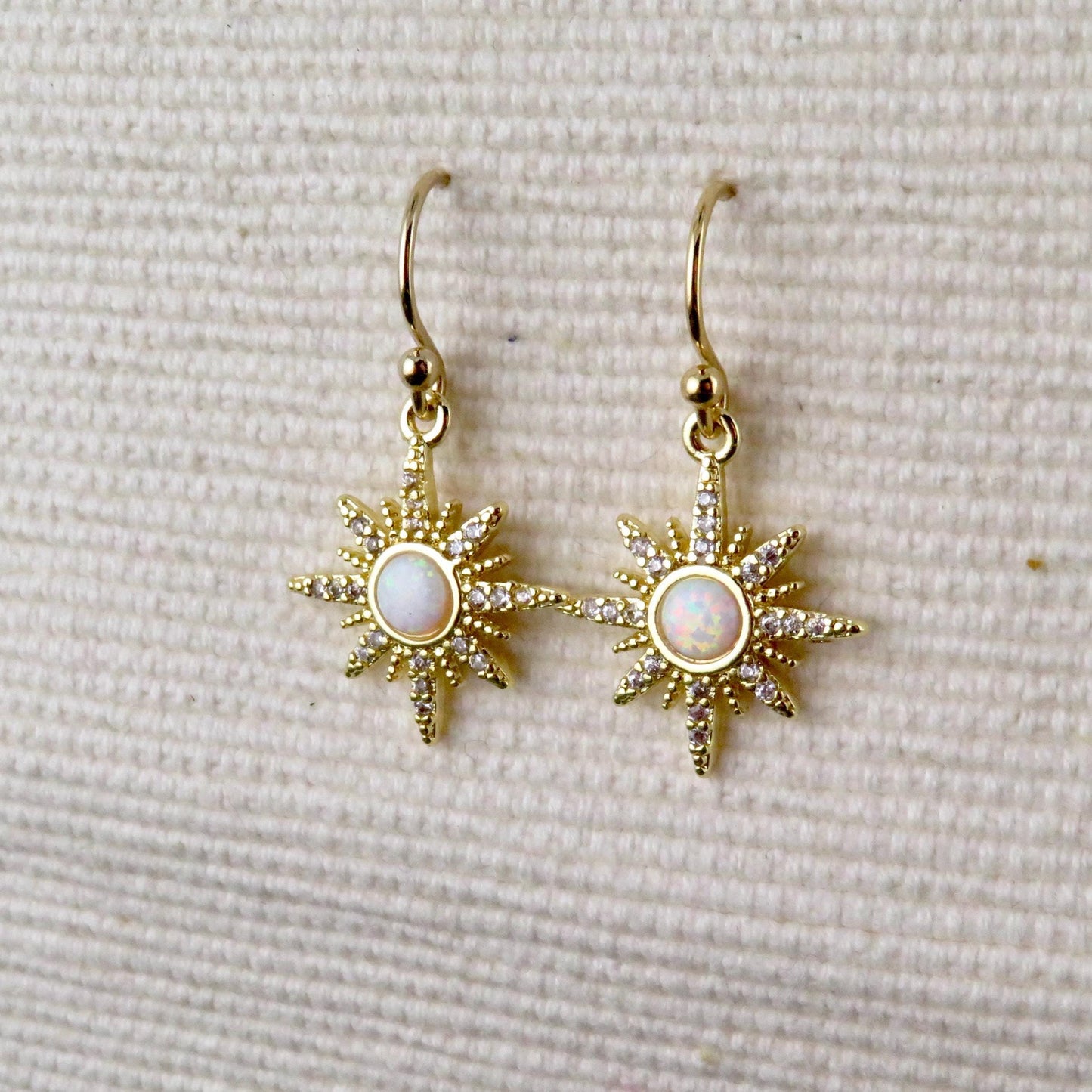 Starburst Opal Earrings | Gold Opal Earrings | Gold Geo Opal Earrings | Opal CZ Earrings | White Opal Star Earrings | Opal Star Earrings