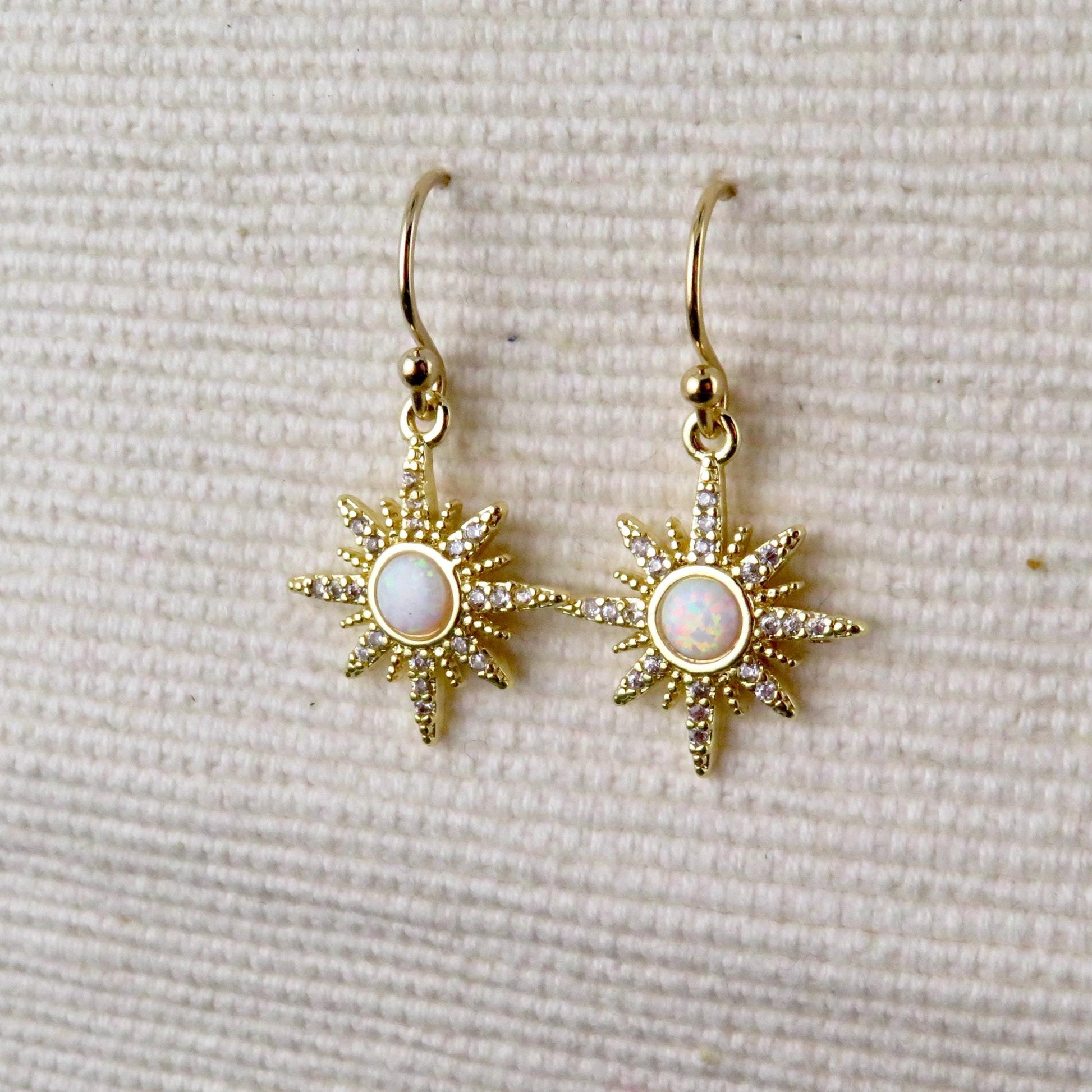 Starburst Opal Earrings | Gold Opal Earrings | Gold Geo Opal Earrings | Opal CZ Earrings | White Opal Star Earrings | Opal Star Earrings