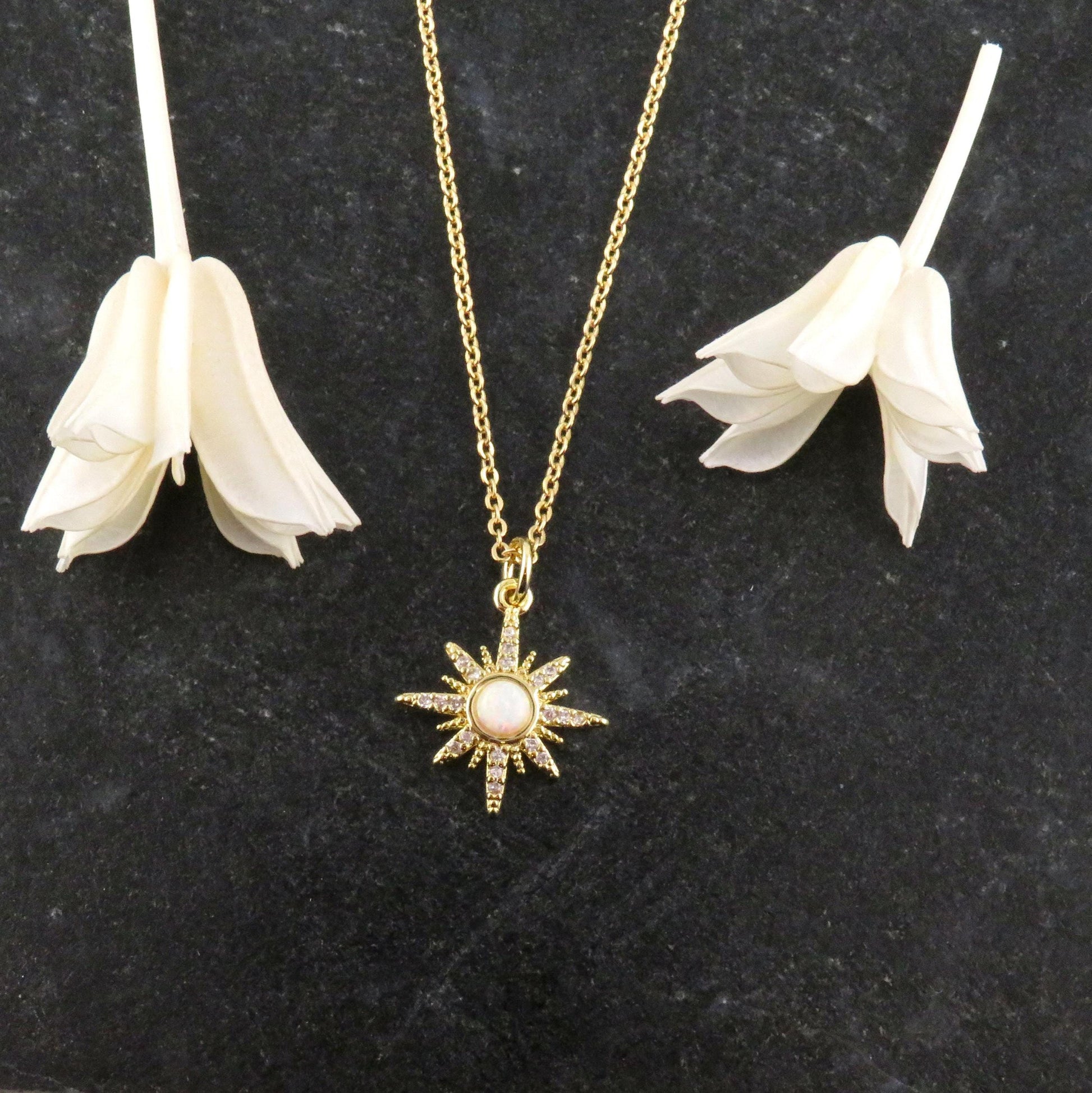 Starburst Opal Necklace | Gold Opal Pendant | Gold Geo Opal Necklace | Opal CZ Charm Necklace | White Opal Star Necklace | Opal Star