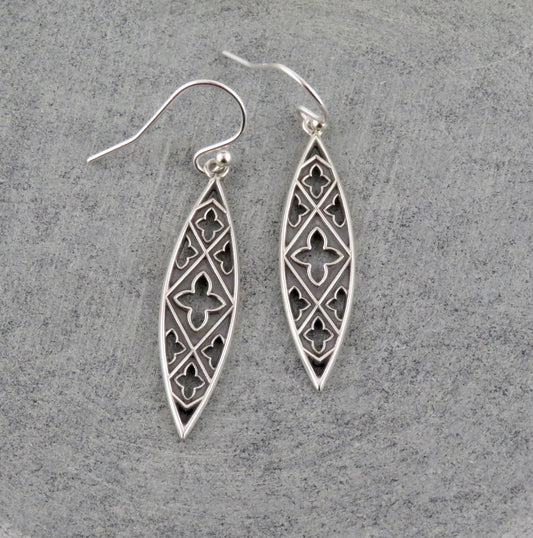 Sterling Gothic Earrings | Silver Marquis Earrings | Textured Silver Earrings | Sterling Open Cutout Earrings | Boho Silver Earrings
