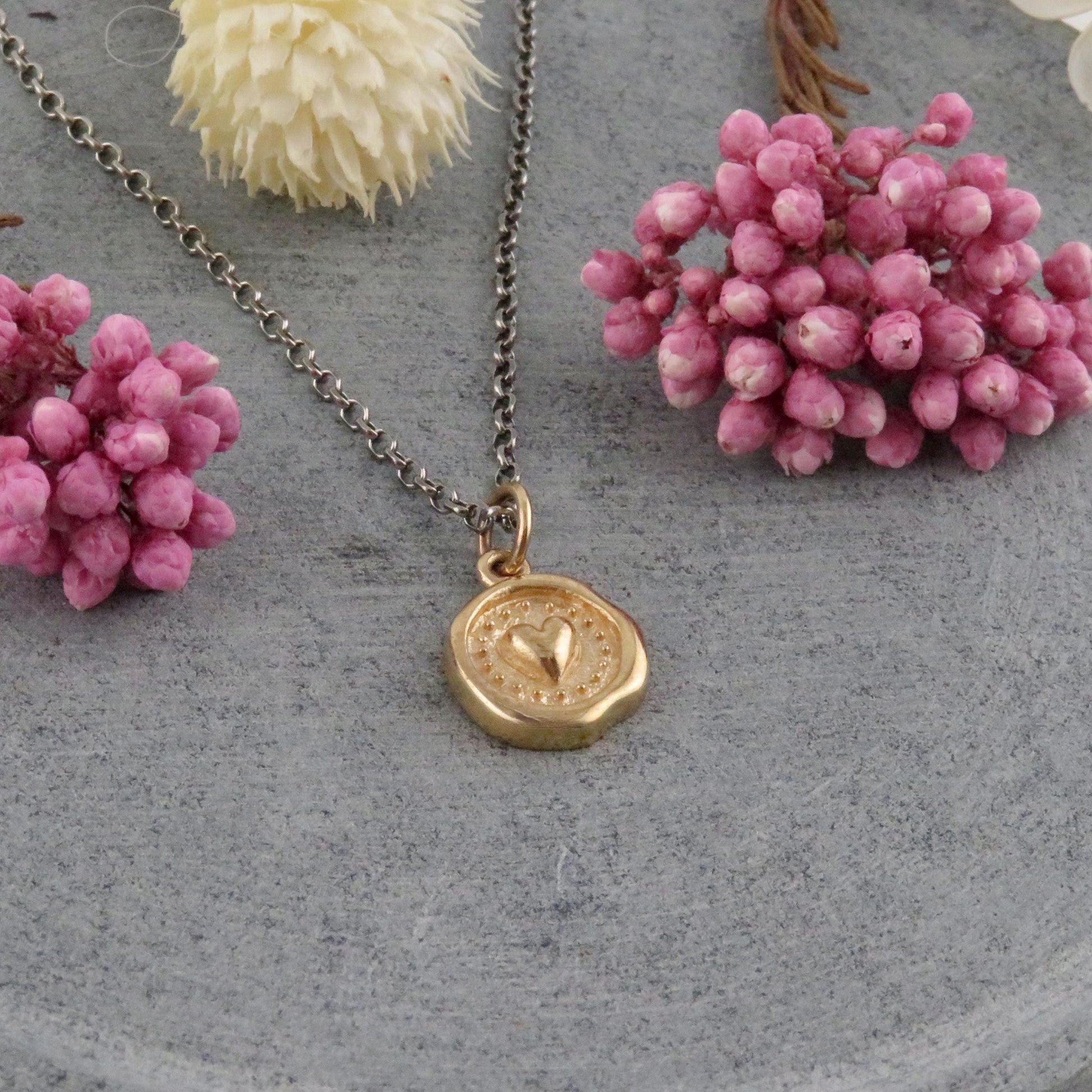 Mixed Metal Heart Necklace | Unique Heart Necklace | Gold Heart Necklace | Bronze Heart Necklace | Framed Heart Pendant | Rustic Heart Charm