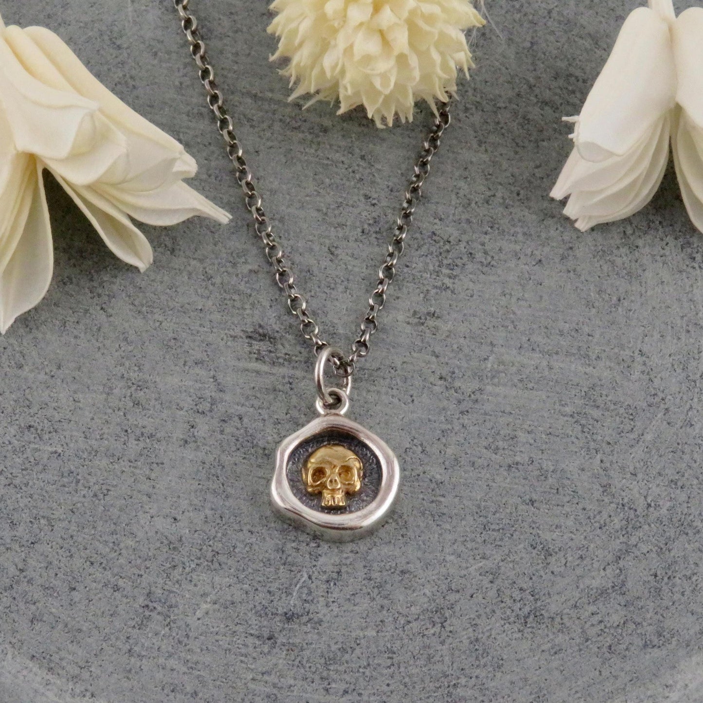 Mixed Metal Skull Necklace | Unique Skull Necklace | Silver Gold Skull| Sterling Skull Necklace | Framed Skull Pendant | Rustic SkullCharm