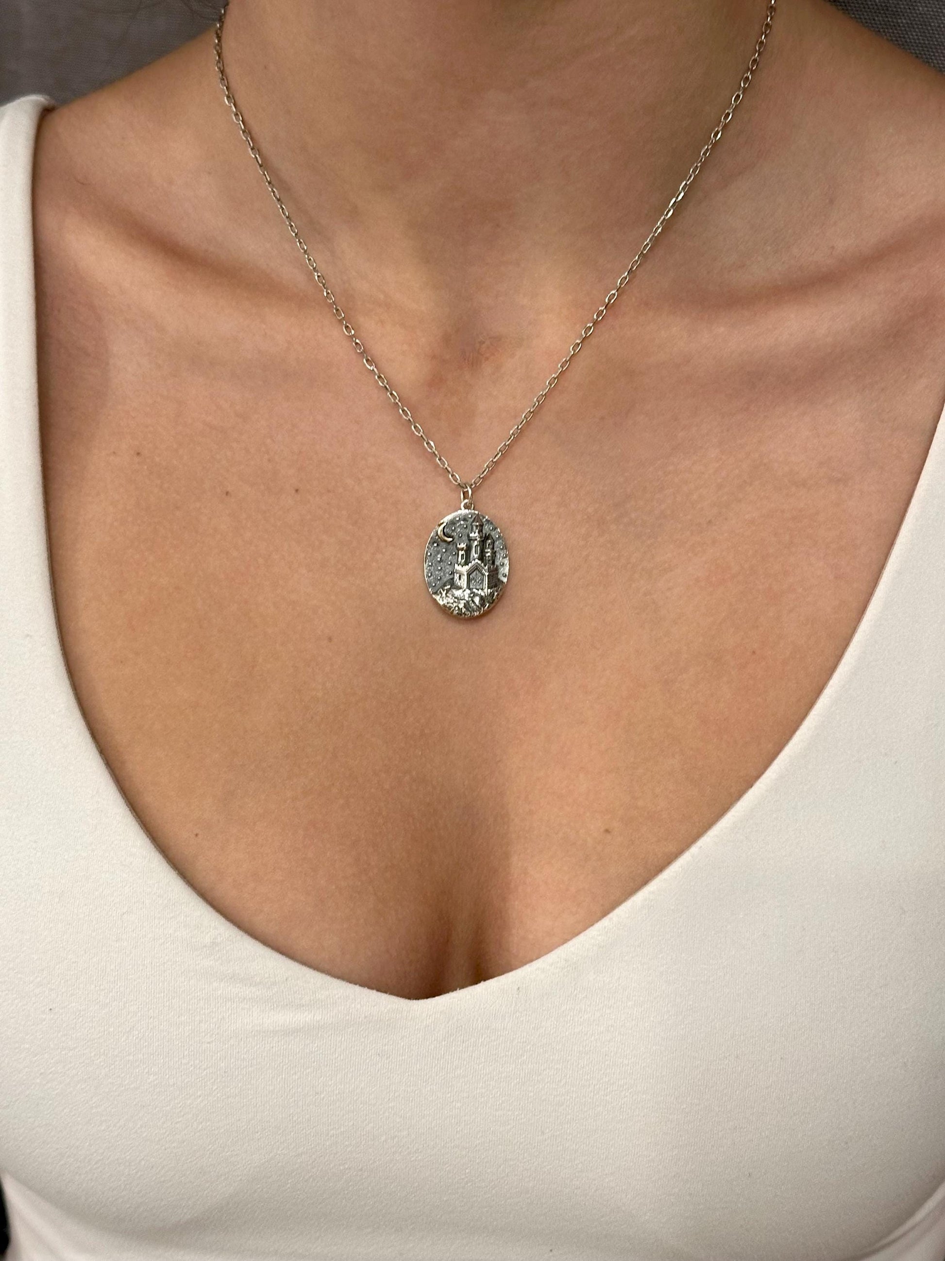 Sterling Castle Pendant | Silver Gothic Necklace | Two Tone Castle Pendant | Silver Gold Fortress Necklace | Fantasy Necklace | Castle Charm