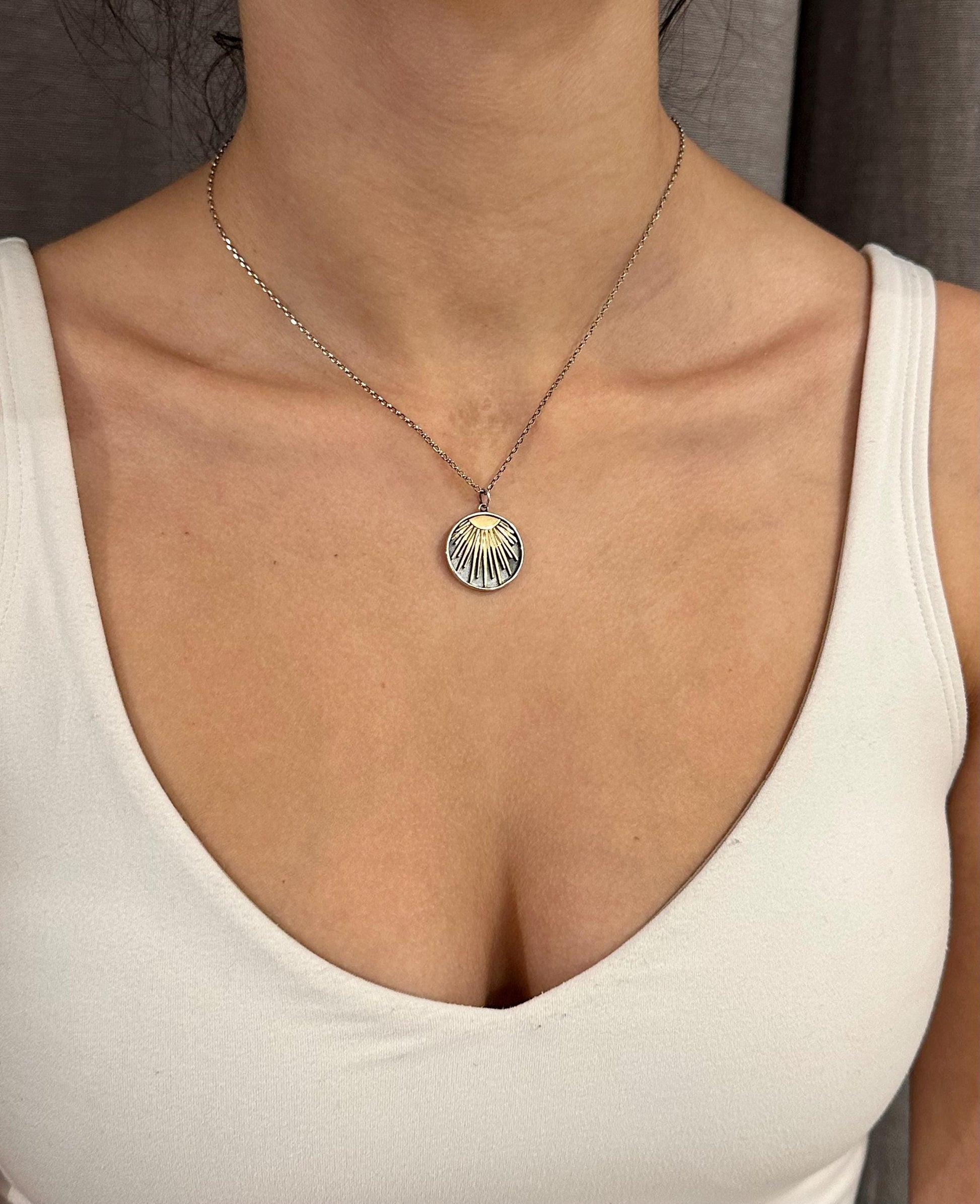 Two Tone Sun Rays Necklace | Gold Silver Sun Pendant | Mixed Metal Necklace | Rays of Sunshine Necklace | Sterling Sun Pendant | Sun on Disc