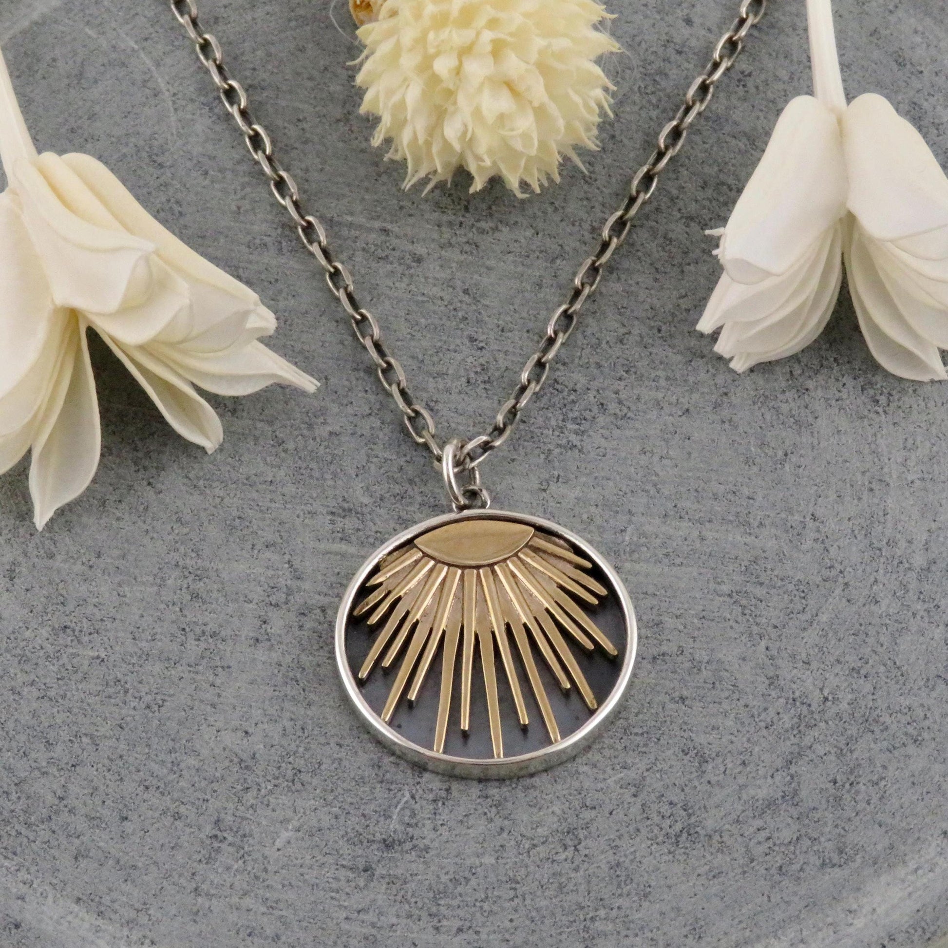 Two Tone Sun Rays Necklace | Gold Silver Sun Pendant | Mixed Metal Necklace | Rays of Sunshine Necklace | Sterling Sun Pendant | Sun on Disc