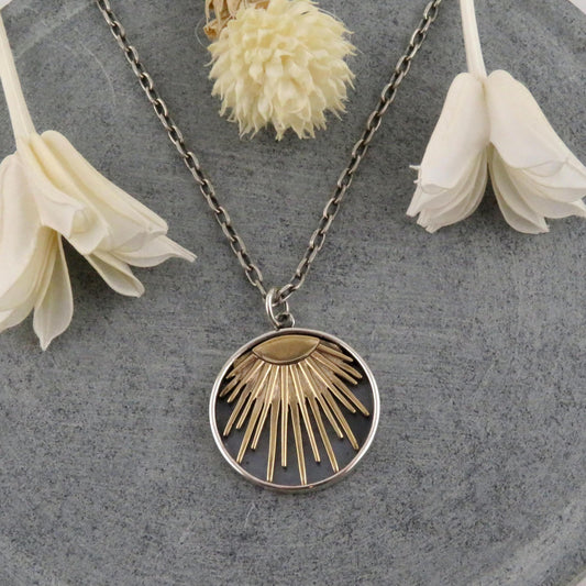 Two Tone Sun Rays Necklace | Gold Silver Sun Pendant | Mixed Metal Necklace | Rays of Sunshine Necklace | Sterling Sun Pendant | Sun on Disc