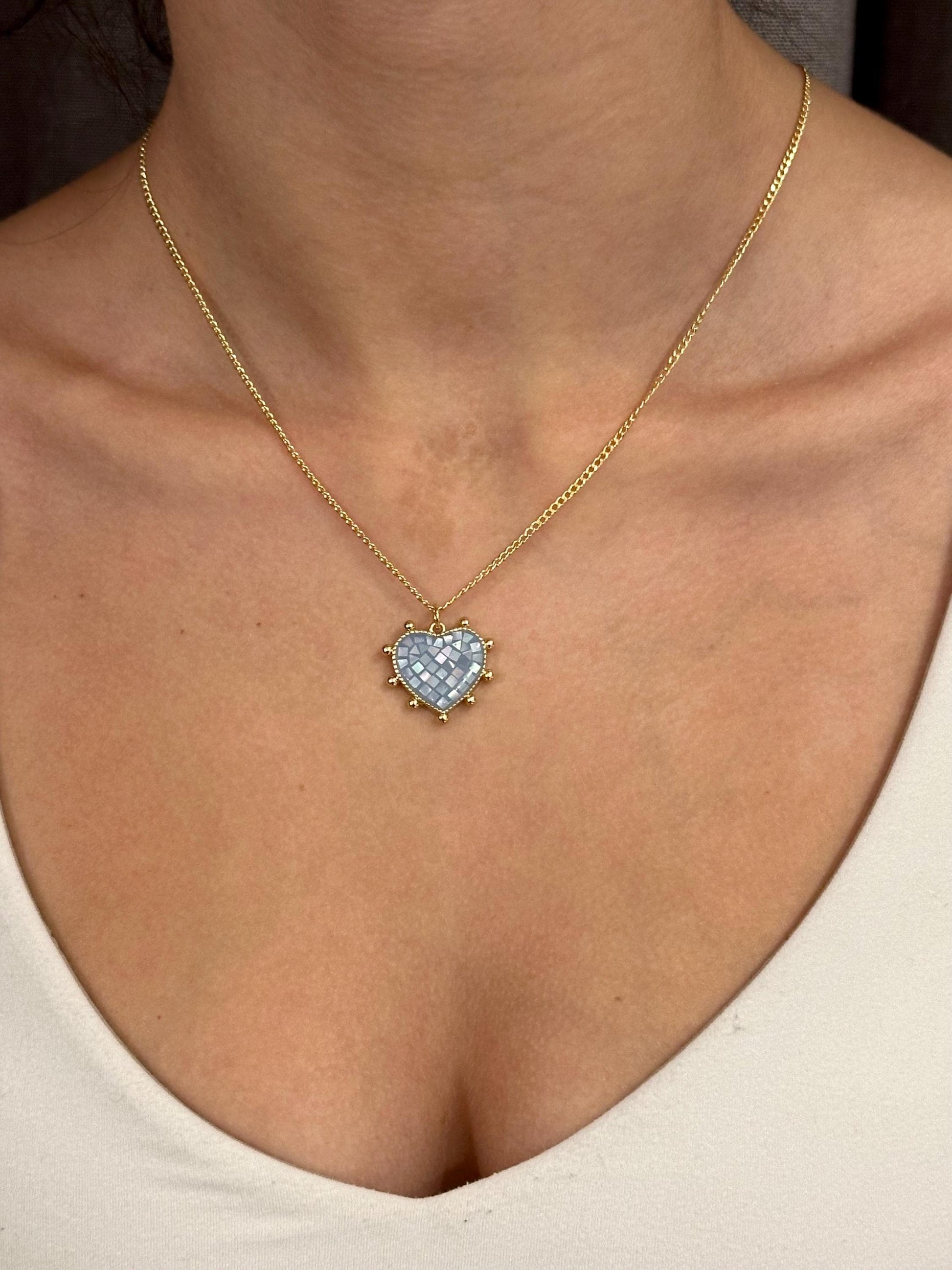 Blue Mosaic Pearl Heart Necklace