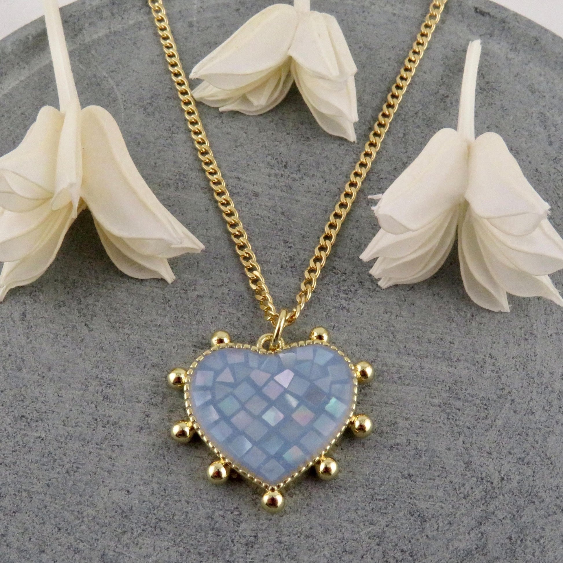 Blue Mosaic Pearl Heart Necklace
