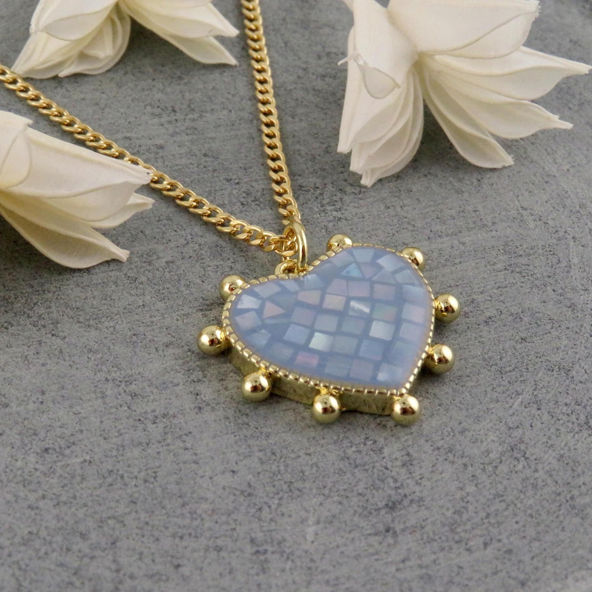 Blue Mosaic Pearl Heart Necklace
