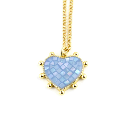 Blue Mosaic Pearl Heart Necklace