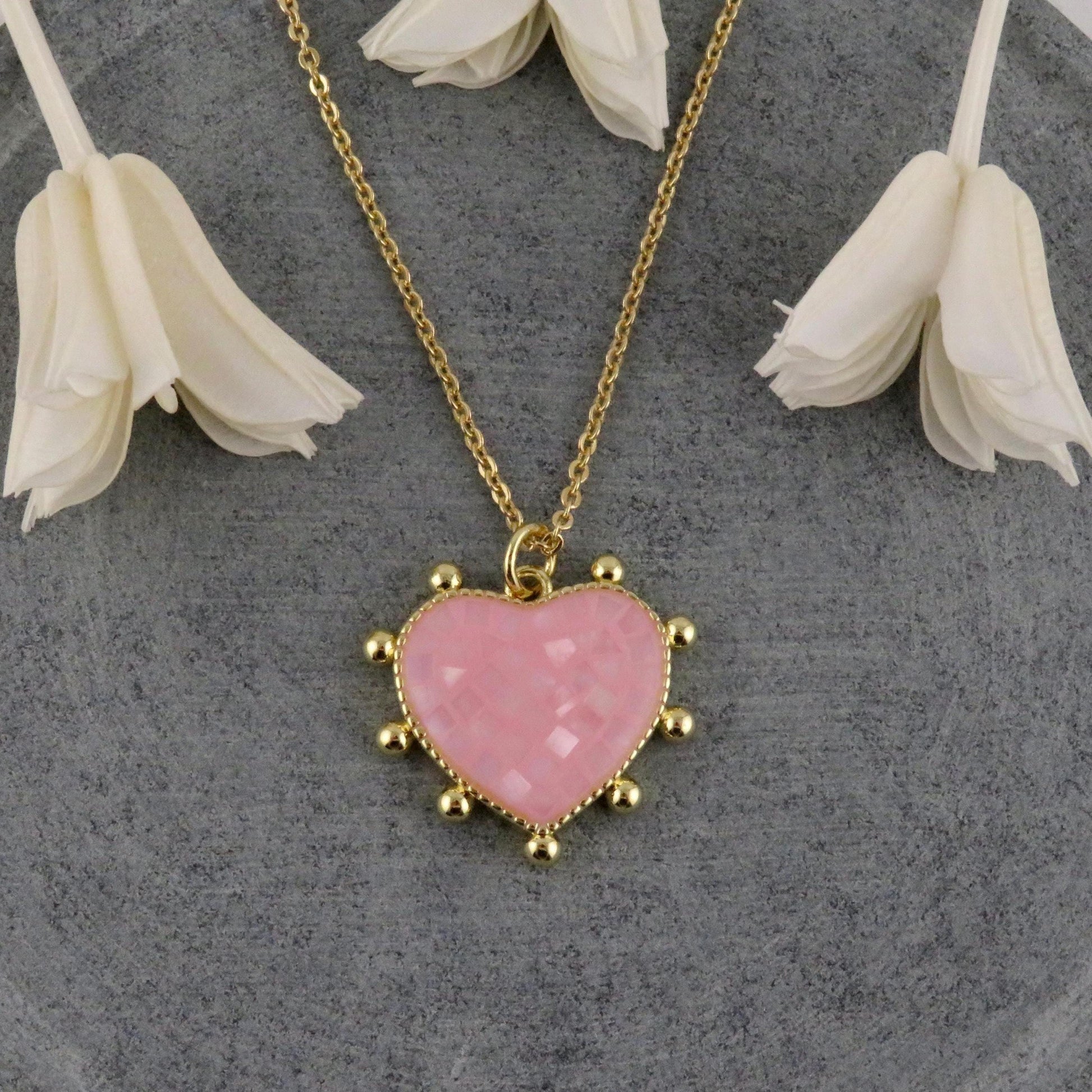 Pink Mosaic Pearl Heart Necklace