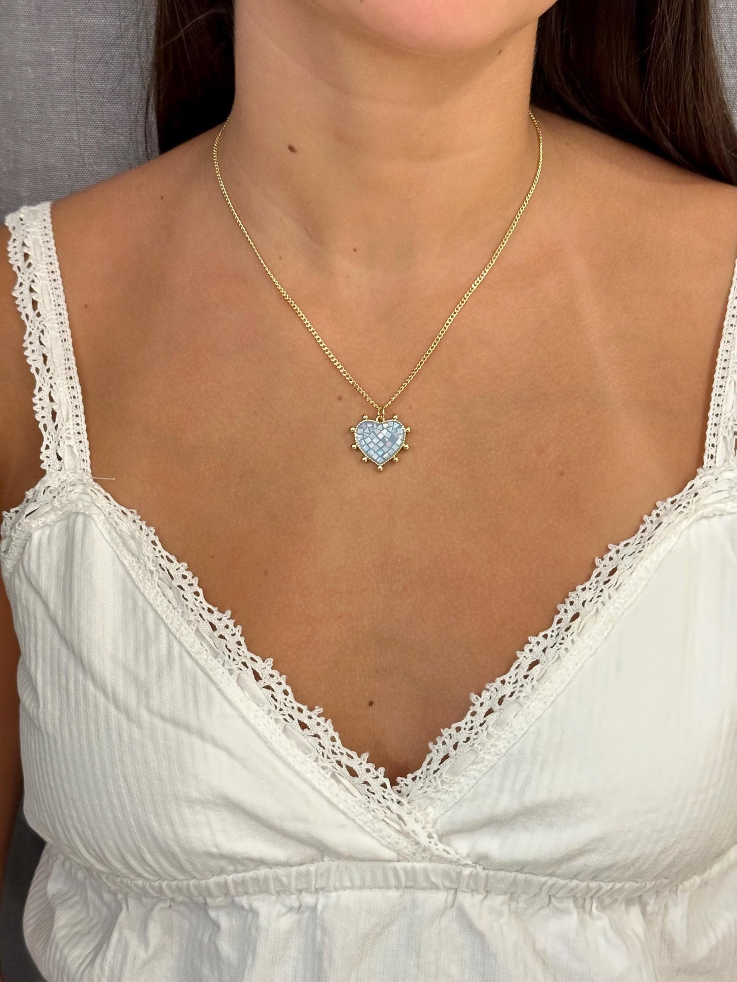 Blue Mosaic Pearl Heart Necklace