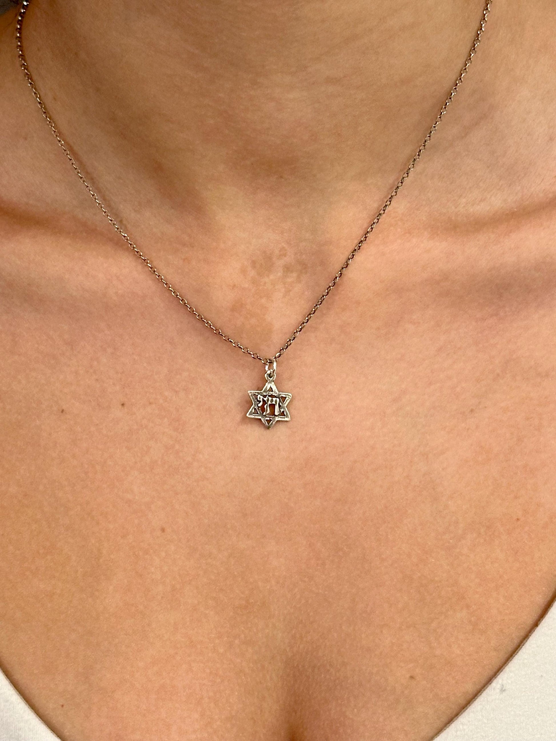 Silver Judaic Necklace | Sterling Chai Necklace | Silver Hebrew Star Charm | Silver Star David Necklace | Sterling Chai in Jewish Star Charm