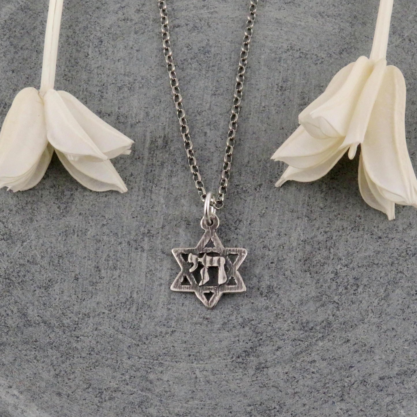 Silver Judaic Necklace | Sterling Chai Necklace | Silver Hebrew Star Charm | Silver Star David Necklace | Sterling Chai in Jewish Star Charm