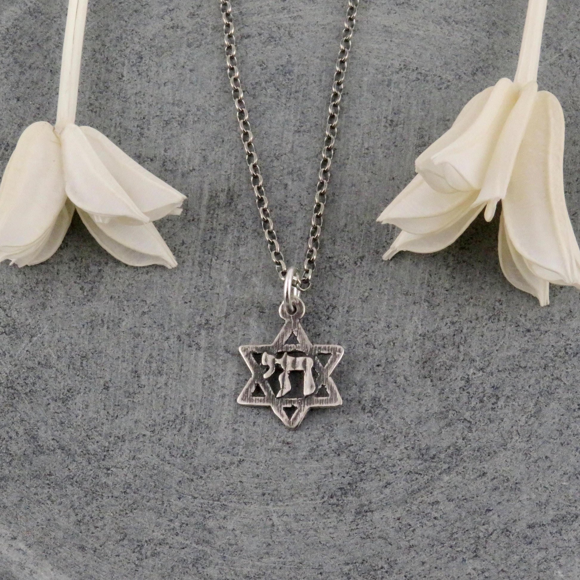 Silver Judaic Necklace | Sterling Chai Necklace | Silver Hebrew Star Charm | Silver Star David Necklace | Sterling Chai in Jewish Star Charm